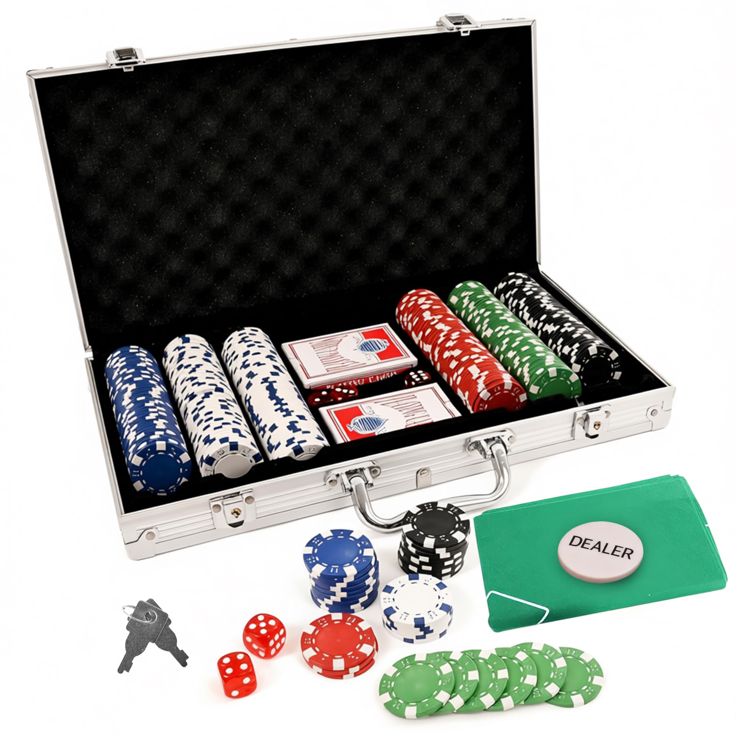 Aspect Texas Holdem Poker Set, 300 Piece Set in Aluminium Case with 11.5g Heavyweight Chips,1 Sided Poker Mat, 2 Decks of Playing Cards Dealer Big Blind, Small Blind Buttons,5 Dice