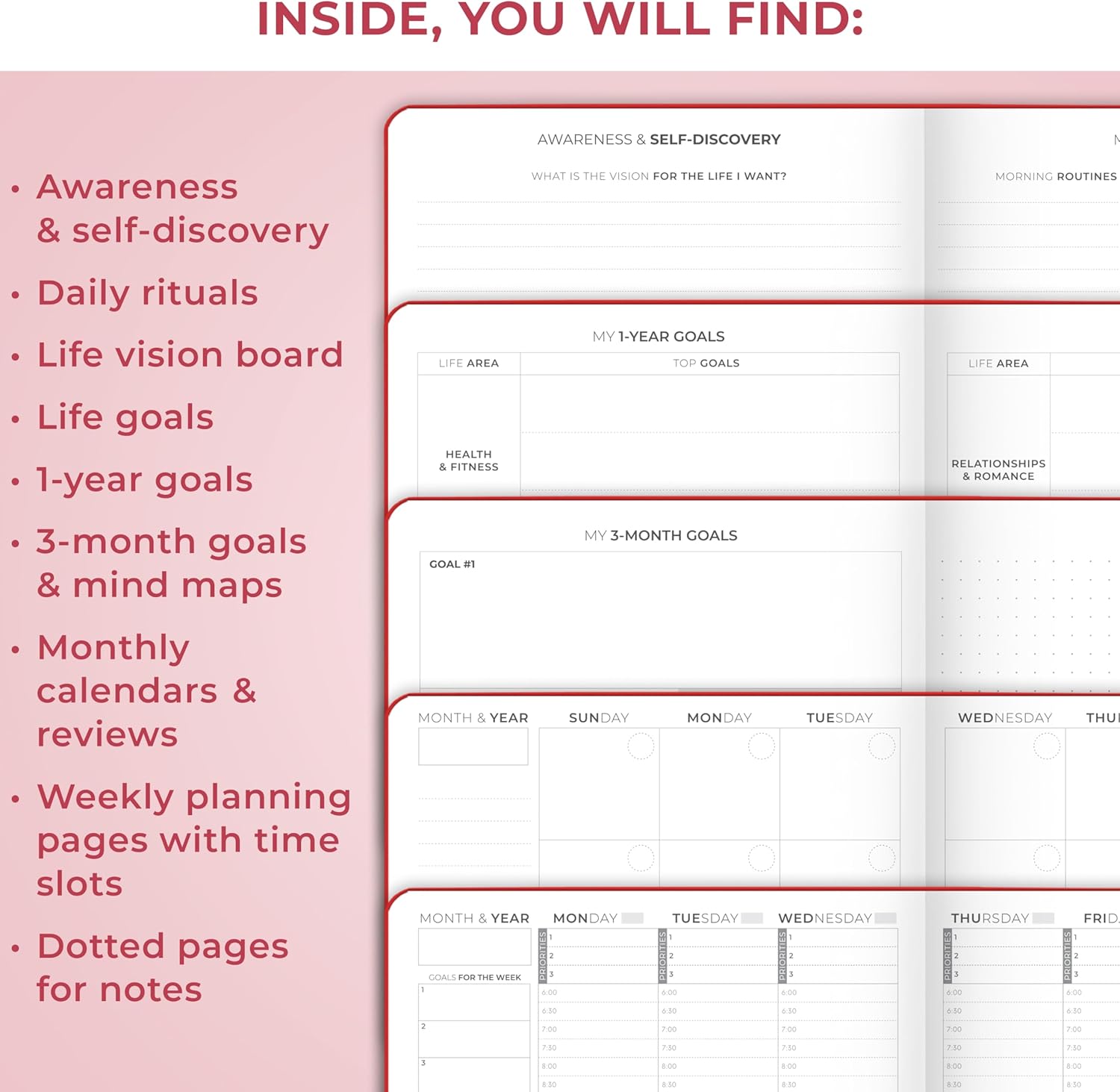 Clever Fox Planner Schedule – Undated Weekly & Monthly Life Planner with Time Slots, Appointment Book & Daily Organizer, A5 (Red)