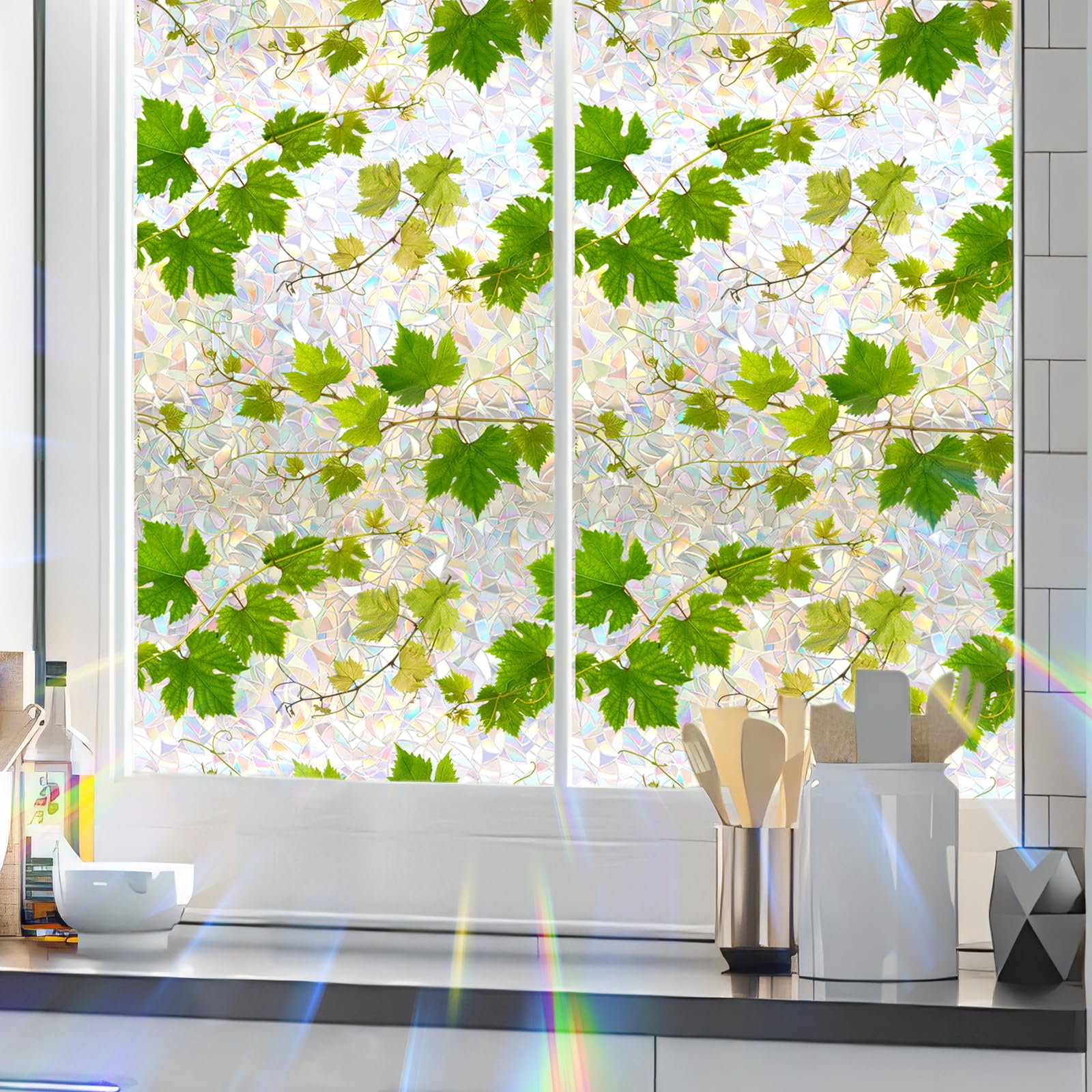 Tanlaby Rainbow Window Film Green Leaves Vine Static Cling Anti-Collision Window Stickers Sun Catcher Privacy Films for Bathroom Office Glass Windows Doors (40 x 100cm)