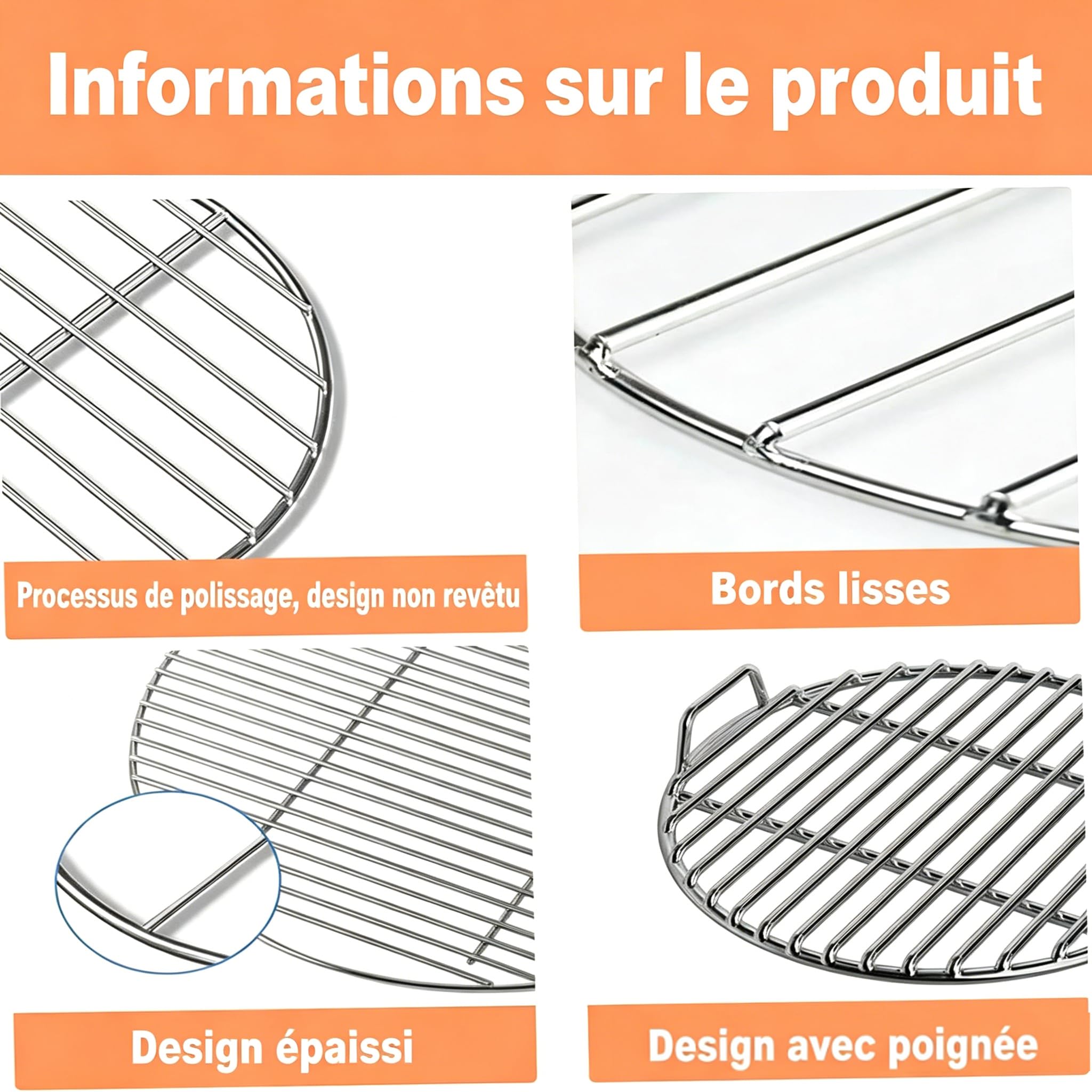 Grille de Cuisson Ronde en Acier Inoxydable,Ø 33/38/43/48/53/58 cm pour barbecues Boules, barbecues au Charbon et Grills Grille Robuste Répartition Uniforme de la Chaleur Facile à Nettoyer (58cm)