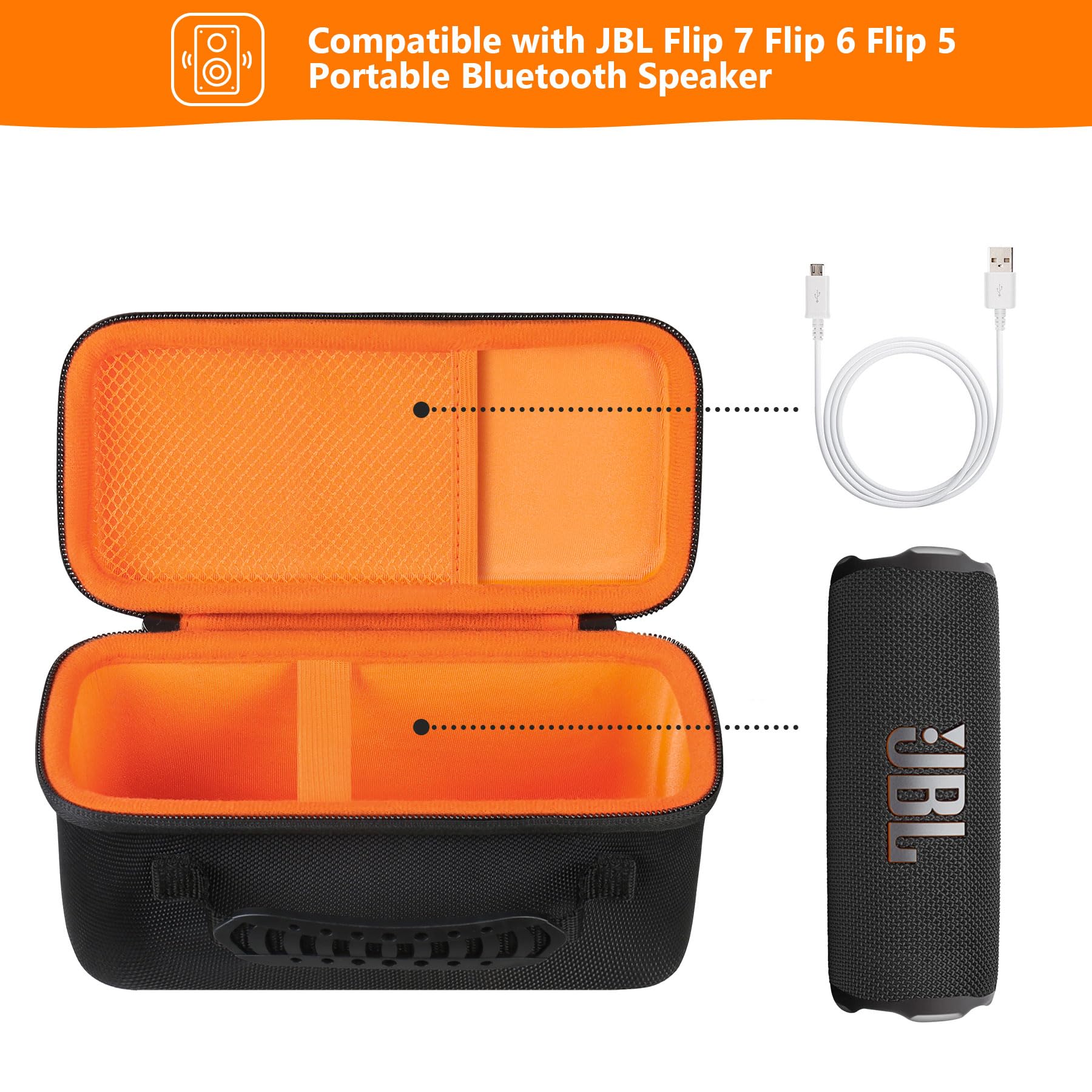 Supmay Hard Carrying Case for JBL Flip 7 Flip 6 Flip 5 Portable Bluetooth Speaker, Storage Holder Travel Bag with Mesh Pocket for USB Cable, Very Suitable for Home, Outdoor, and Travel, Black