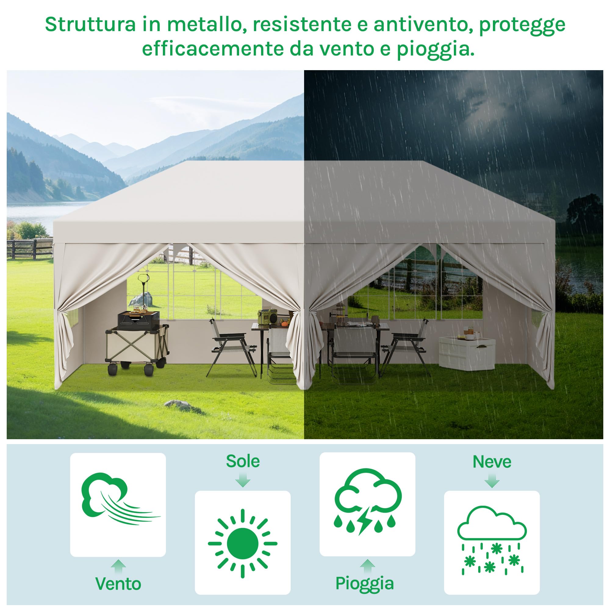 Laneetal Gazebo Pieghevole da Giardino 3x6m, Tenda Pop-Up per il Campeggio e la Festa, Gazebo in Metallo, con 6 Pareti Laterali e 4 Finestre, Beige