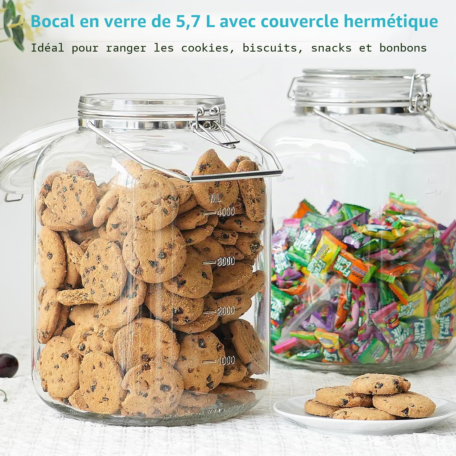 Absovetu Grand bocal de rangement hermétique en verre avec couvercle hermétique 5,7 litres – Bocal Mason à large ouverture avec poignée pour pâtes, riz, cornichons, cookies, bonbons, biscuits