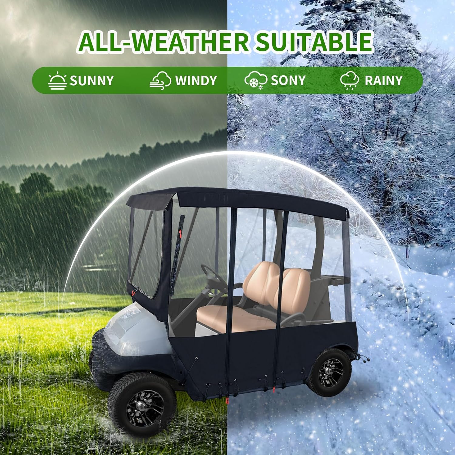 Tecoom Golf Cart Enclosure 2/4/6 Passenger, Golf Rain Cover 600D Waterproof Snowproof, Door Zippers, Clear Windows and Windproof Hooks, Universal Fit for EZGO, Yamaha, Club Car