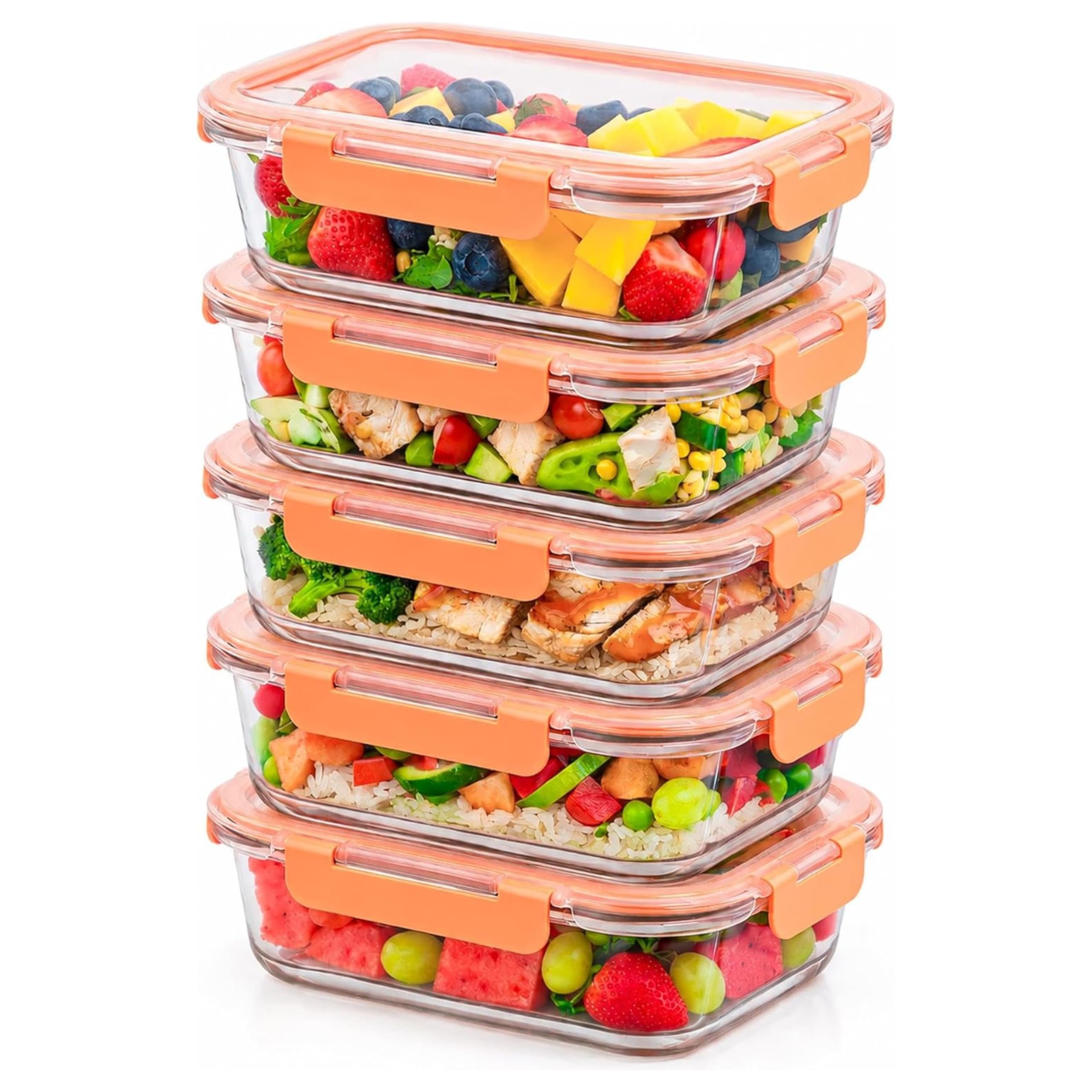 Innoteck Orange Glass Food Storage Container Set with Airtight Locking Lids (1040ml each) – Rectangular Borosilicate Meal Prep Boxes, Leakproof & Dishwasher Safe - Pack of 5