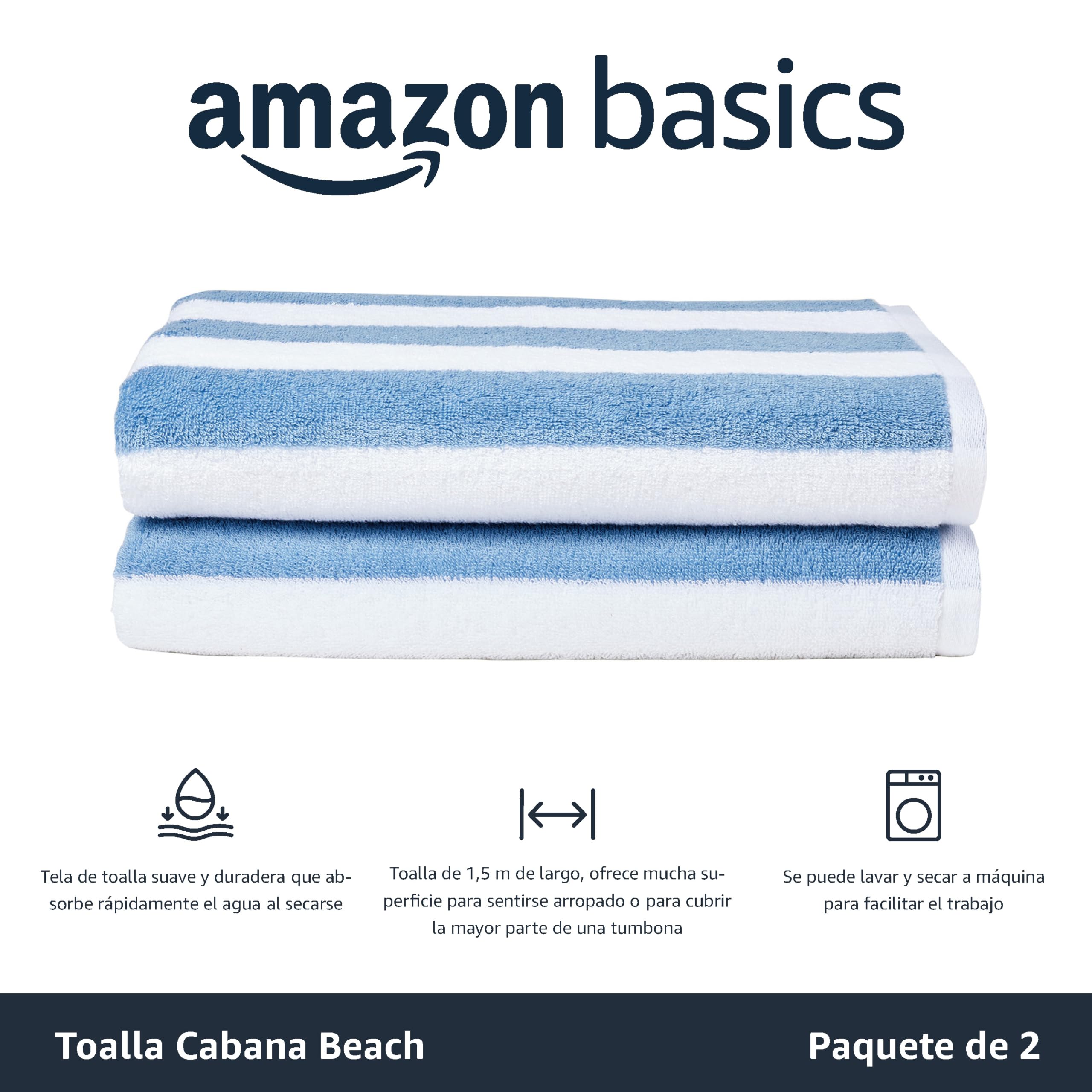 Amazon Basics Toalla Playa 100% Algodón Rayas Cabana 76 x 152 cm Azul Claro Pack 2