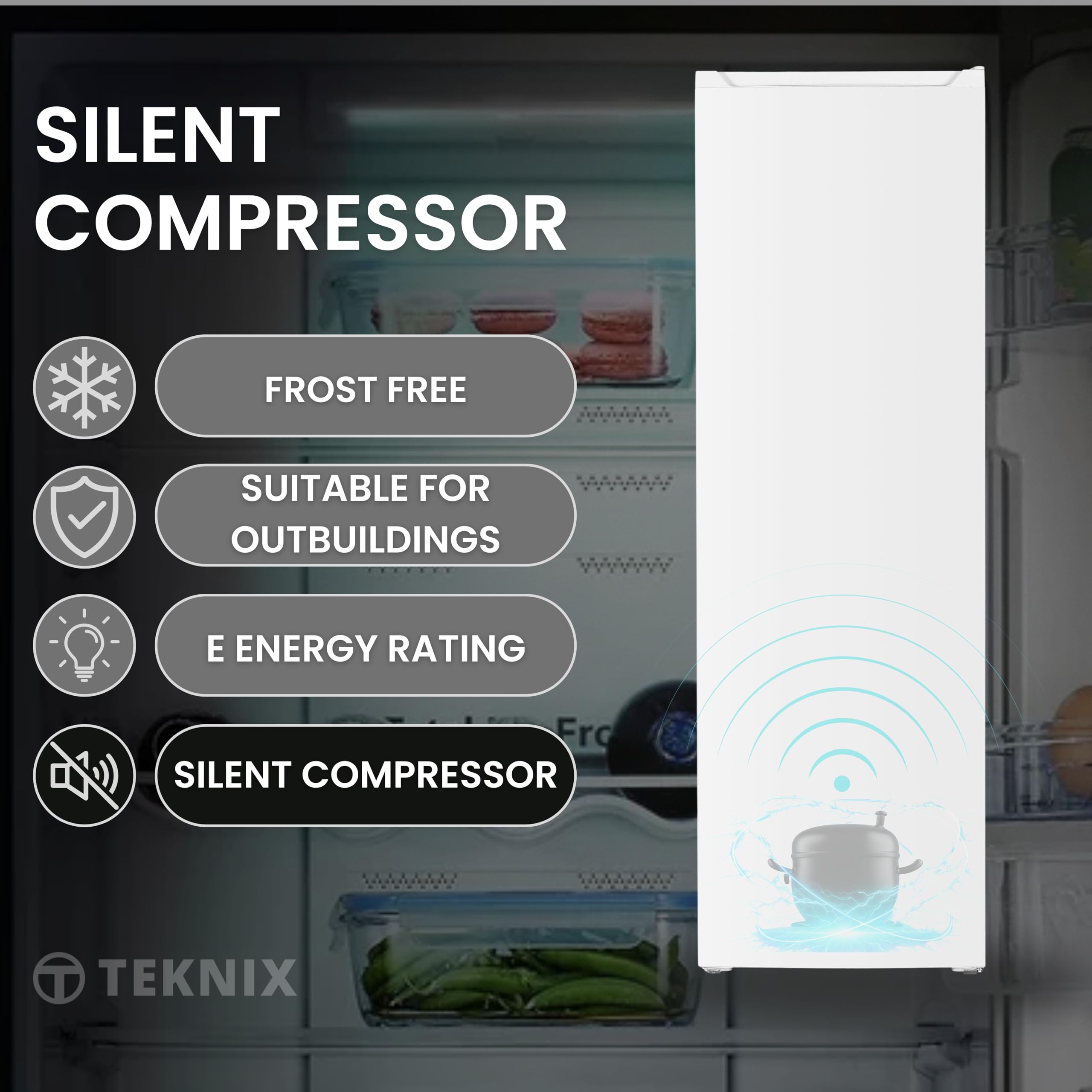 Teknix TFF1715W Freestanding Tall Freezer - Upright with 204L Capacity - Frost Free - Suitable for Outbuildings - Reversible Door - 6 Large Drawers - White, H171.0 x W55.0 x D60.0 (cm) — view 7