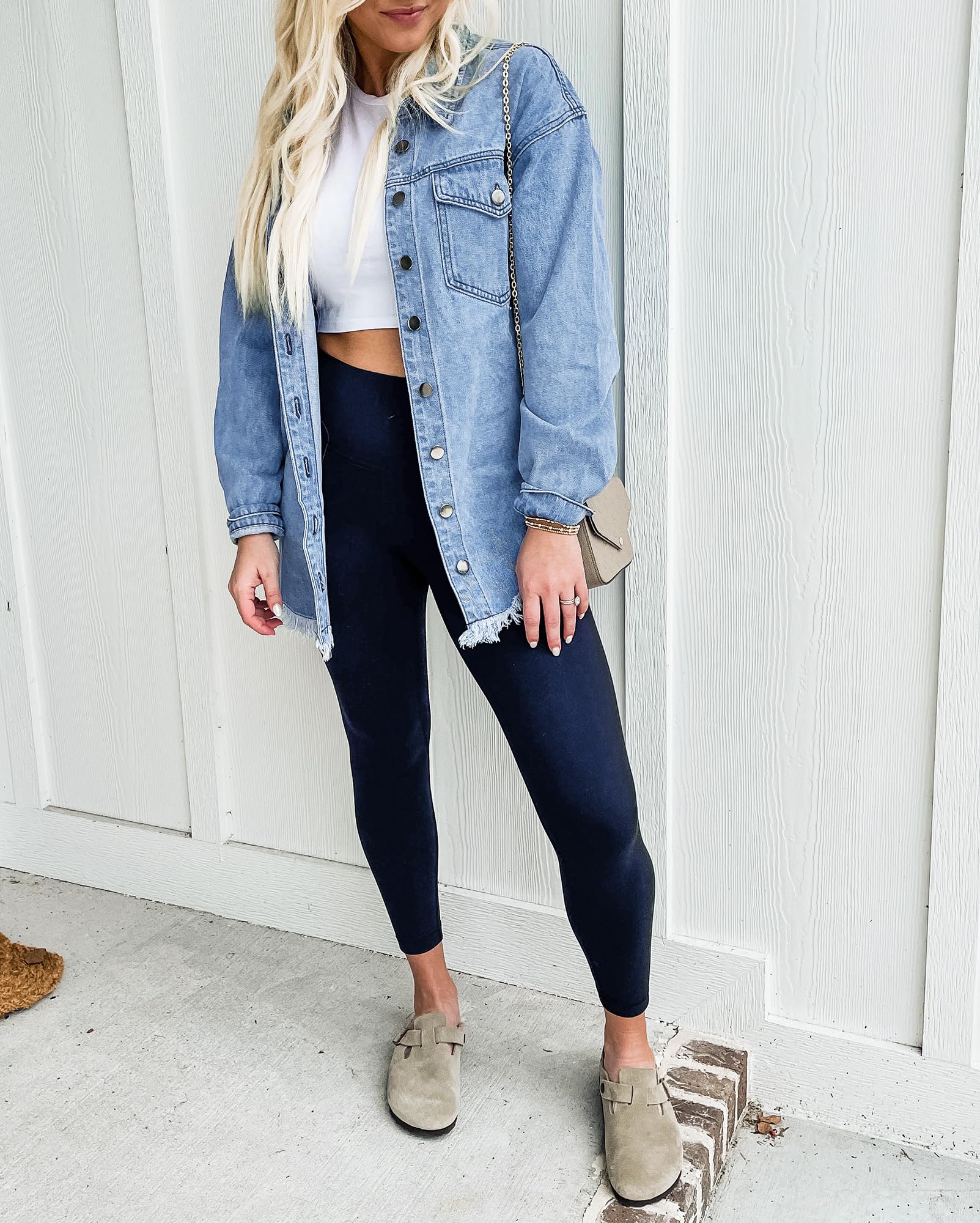 Vetinee Jeansjacke Damen Oversize Langarm Ripped Jean Jacken mit Tasche