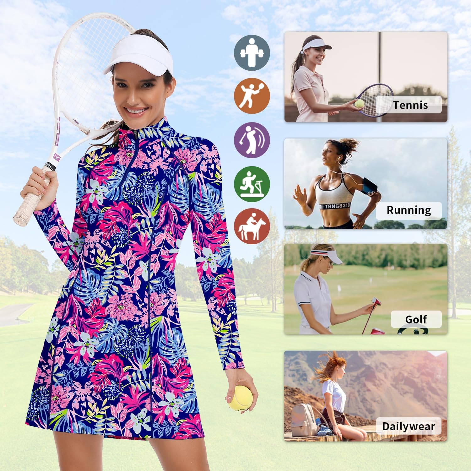 WOWENY Golf Dresses for Women Long Sleeve 1/4 Zip Tennis Dress with Shorts and Pockets UPF 50+ Workout Athletic Dress - Image 5