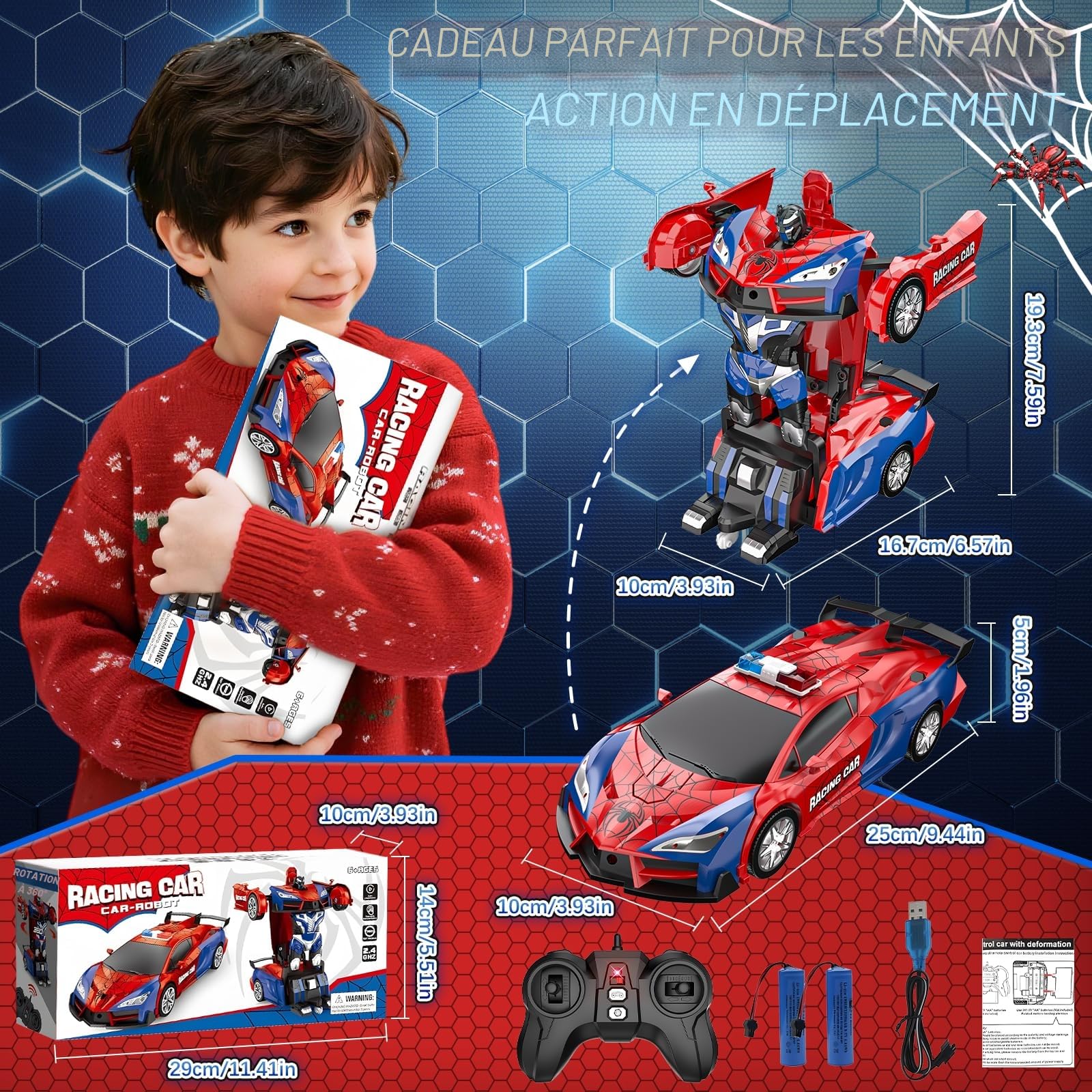 Kssvzz Spider Voiture Télécommandée Enfant 3 4 5 6 7 8 9 Ans, 2 en 1 Transformable RC Radiocommandée Robot, 2.4 GHz & 360° Rotation Jouet Garcon 3+ Ans Cadeau Anniversaire Noël