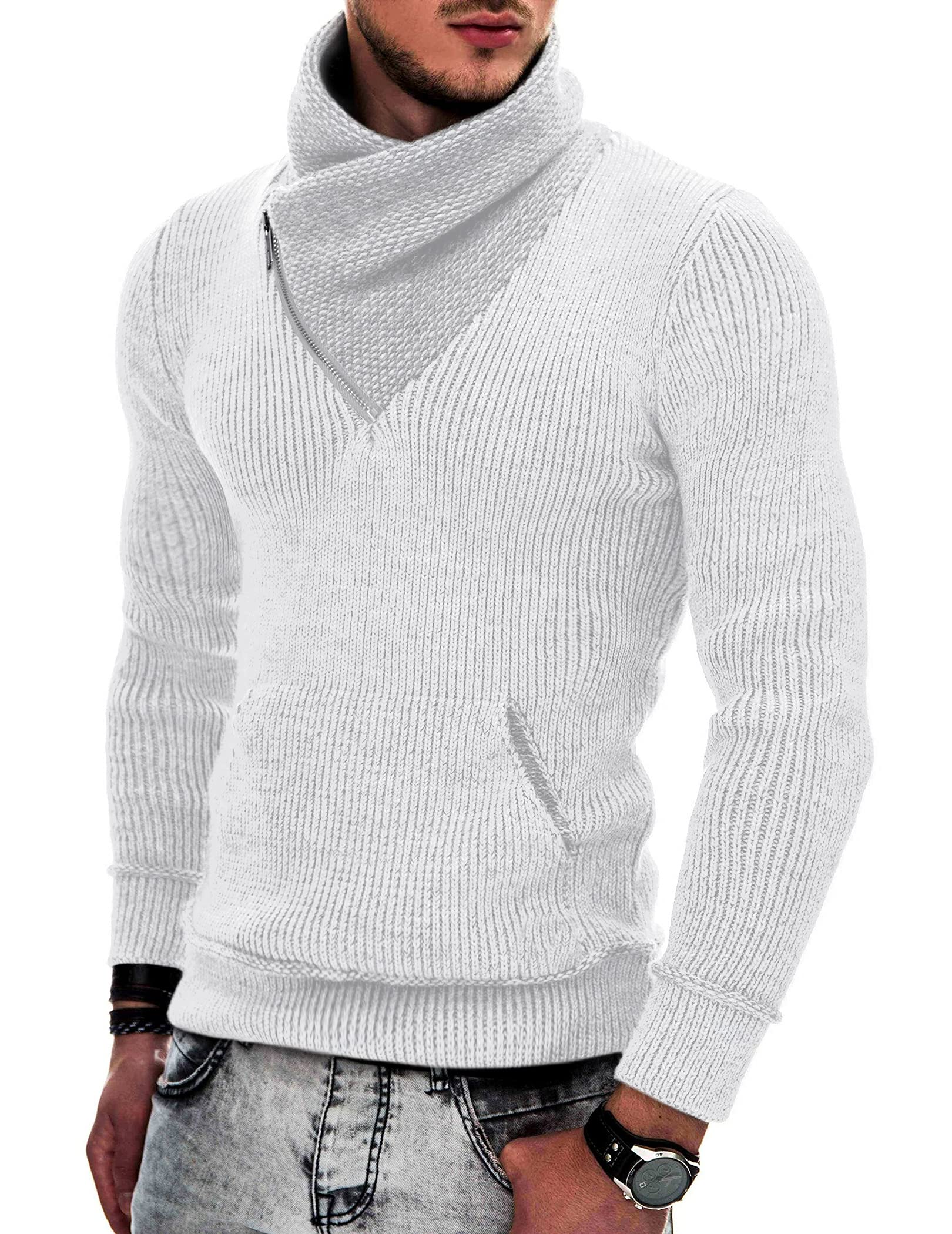 COOFANDY Maglioni da uomo a collo alto, a collo alto, con tasche, 1- Bianco., XX-Large