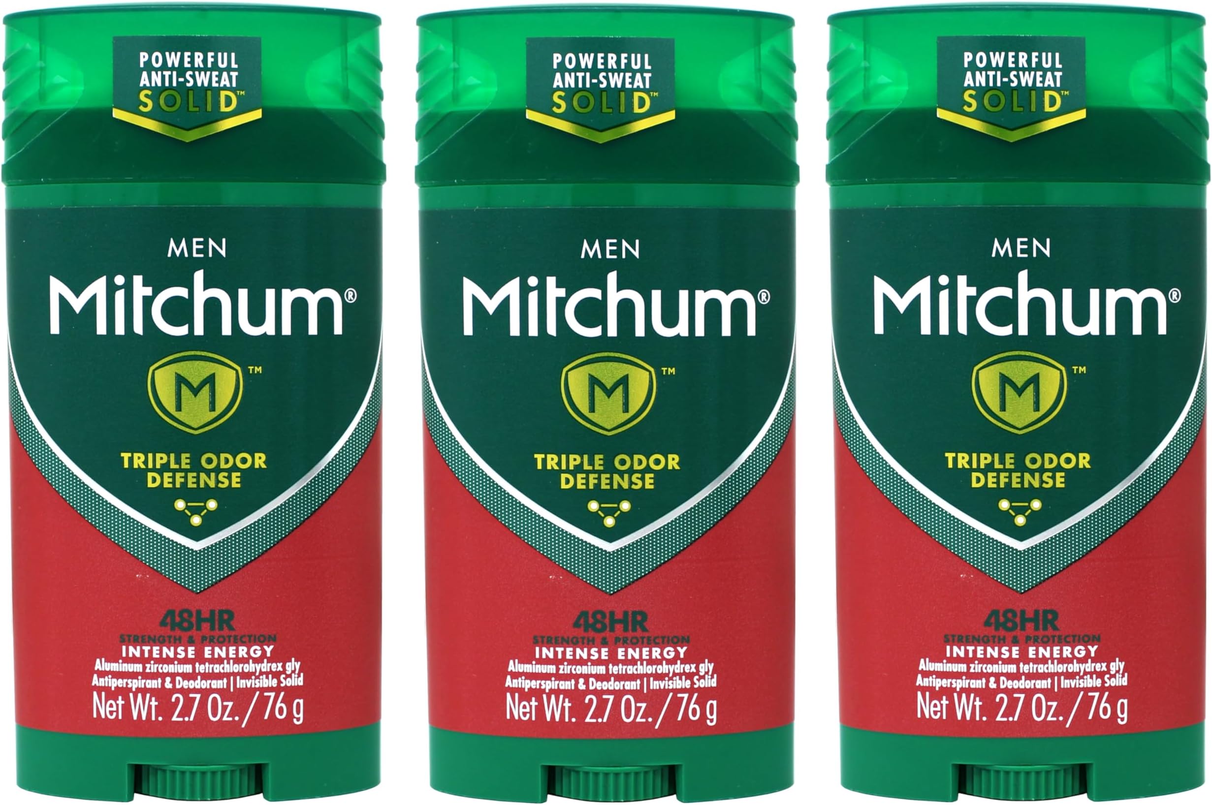 Mitchum Men Antiperspirant & Deodorant Stick, Triple Odor Defense Invisible Solid, 48 Hr Strength & Protection, Intense Energy, 2.7 Oz - 3 Pack