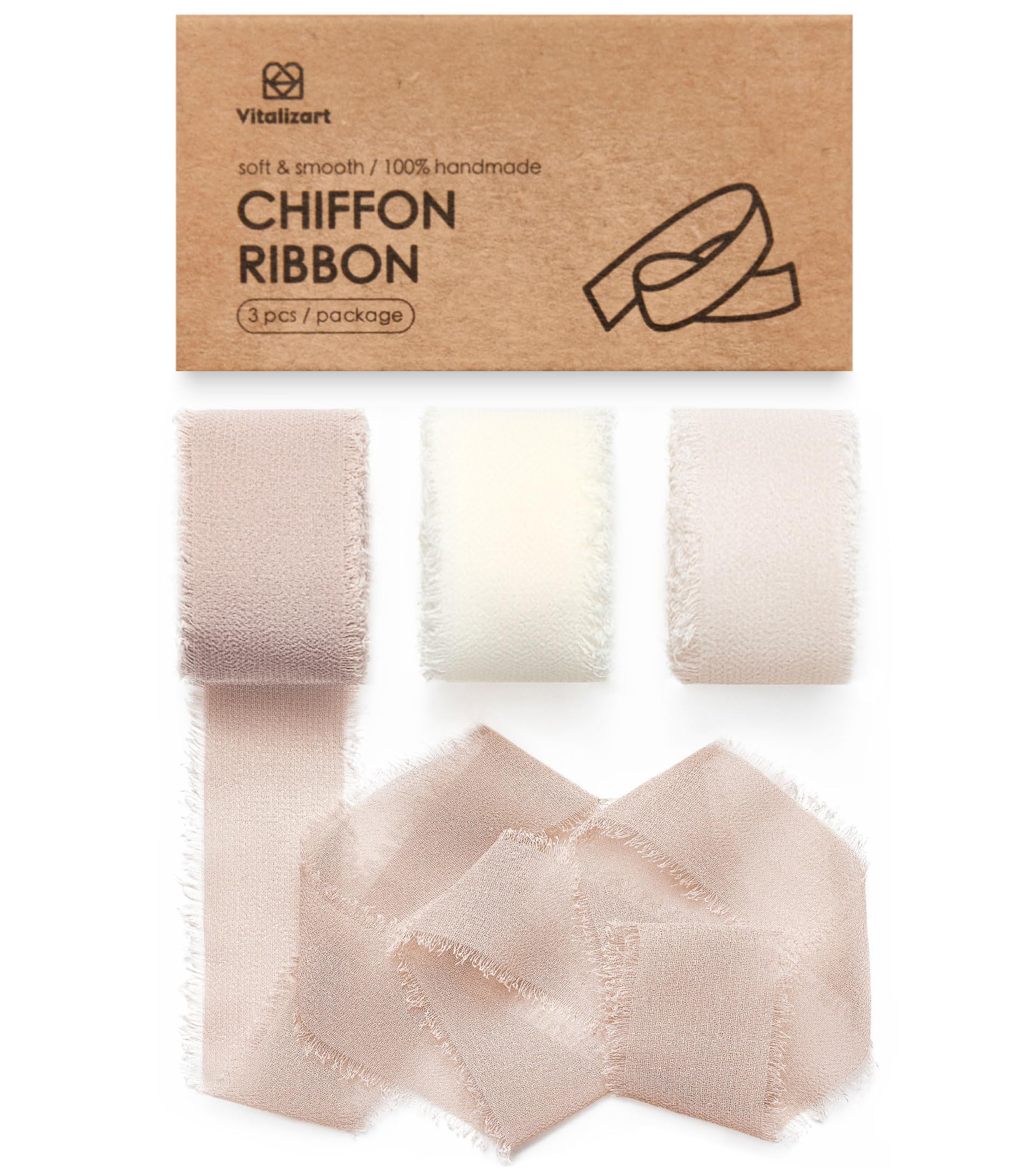 Vitalizart Chiffon Ribbon 1" x 21 Yd Nude & White, Fabric Frayed Fringe Package (3 Rolls x 7 Yd), Silky Ribbon for Wedding Invitation, Bridal Bouquet, Decoration, Gift Wrapping, Bow Making