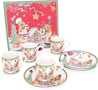 Christmas Concepts® Gingerbread Luxury Ceramic Dinnerware Range - Set of 4 3oz Espresso Cups & Saucers with Matching Decorative Gift Box