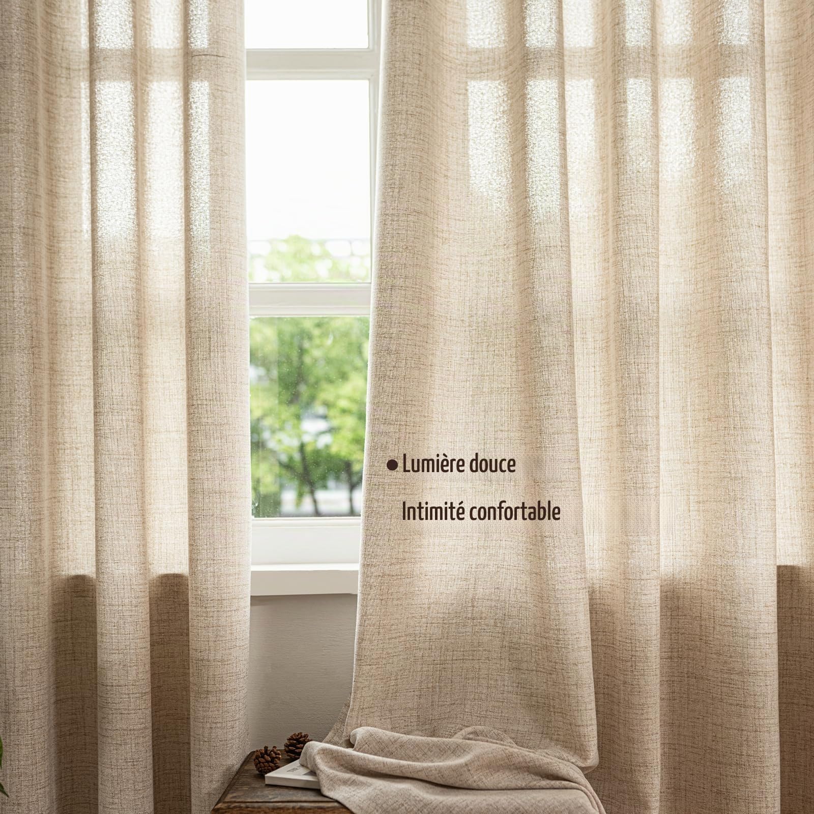 Rideau Voilage Translucide Lin à Œillets Lot 2 140x245 cm Lin Naturel | 230 GSM Tissu Épais | Aspect Lin Naturel | Filtre la Lumière du Jour & Préserve l’Intimité