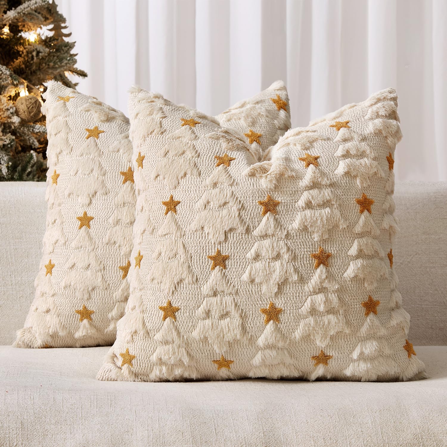 MIULEE Weihnachten Kissenbezug Weihnachtstag 2er Set Kurz Wolle und Samt Kissenbezüge Deko Winter Luxuriöses Weihnachtsbäume Muster Zierkissenbezug für Sofa Schlafzimmer Wohnzimmer Beige 50x50cm