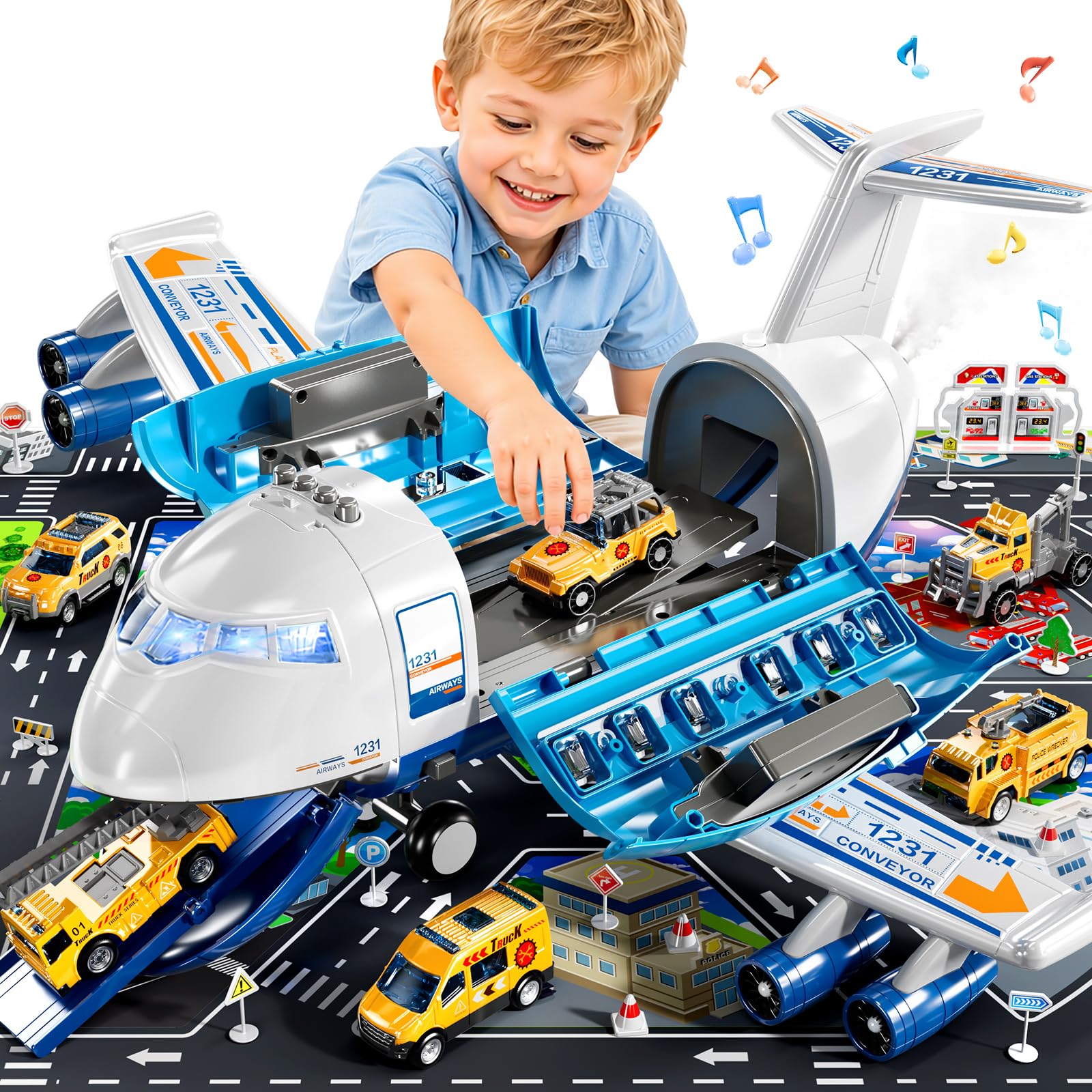 XINNOVEL Airplane Toys for Toddlers 3-5, Toy Airplane for Boys Age 4-7, Large Spray Transport Airplane Toy with 6 Construction Vehicles, Gifts for 3 4 5 6 7 8 Years Old
