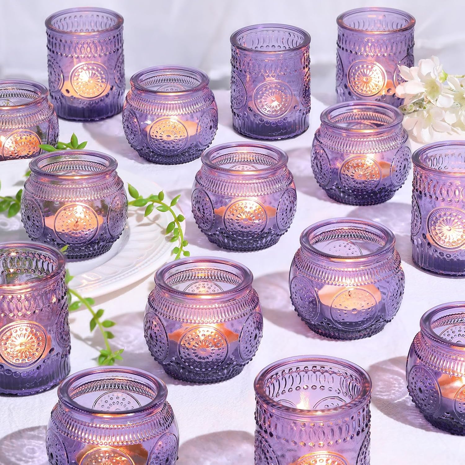 30pcs Assorted Purple Votive Candle Holders for Wedding Decorations, Boho Glass TeaLight Candle Holder, Wedding Table Centerpieces, Bridal Shower Decorations, Retro Purple Party Decor, Party Favors