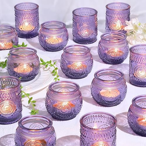 30 piezas surtidas de portavelas votivas moradas para decoraciones de boda, portavelas de vidrio estilo boho para velitas, centros de mesa para