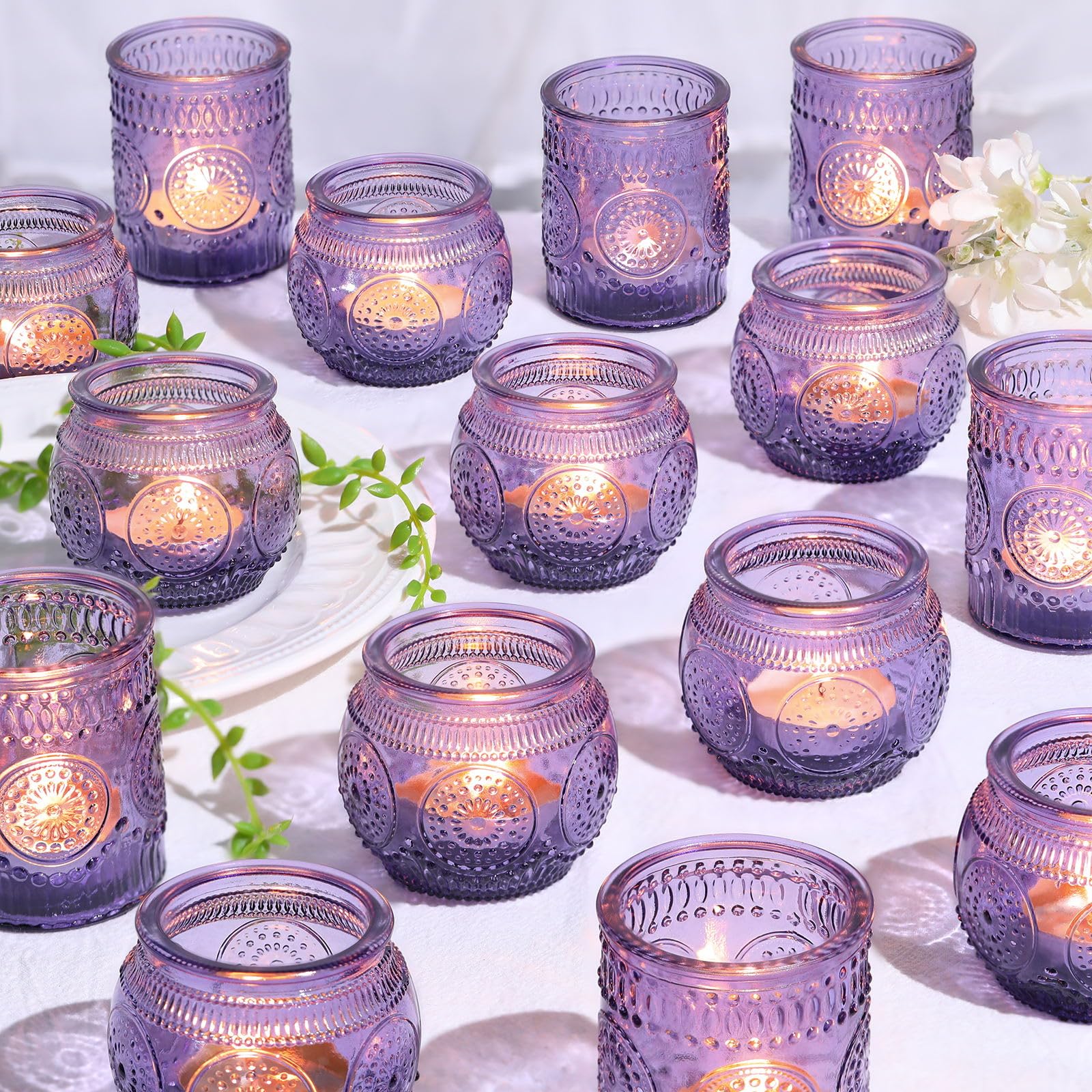Photo 1 of 30pcs Assorted Purple Votive Candle Holders for Wedding Decorations, Boho Glass TeaLight Candle Holder, Wedding Table Centerpieces, Bridal Shower Decorations, Retro Purple Party Decor, Party Favors