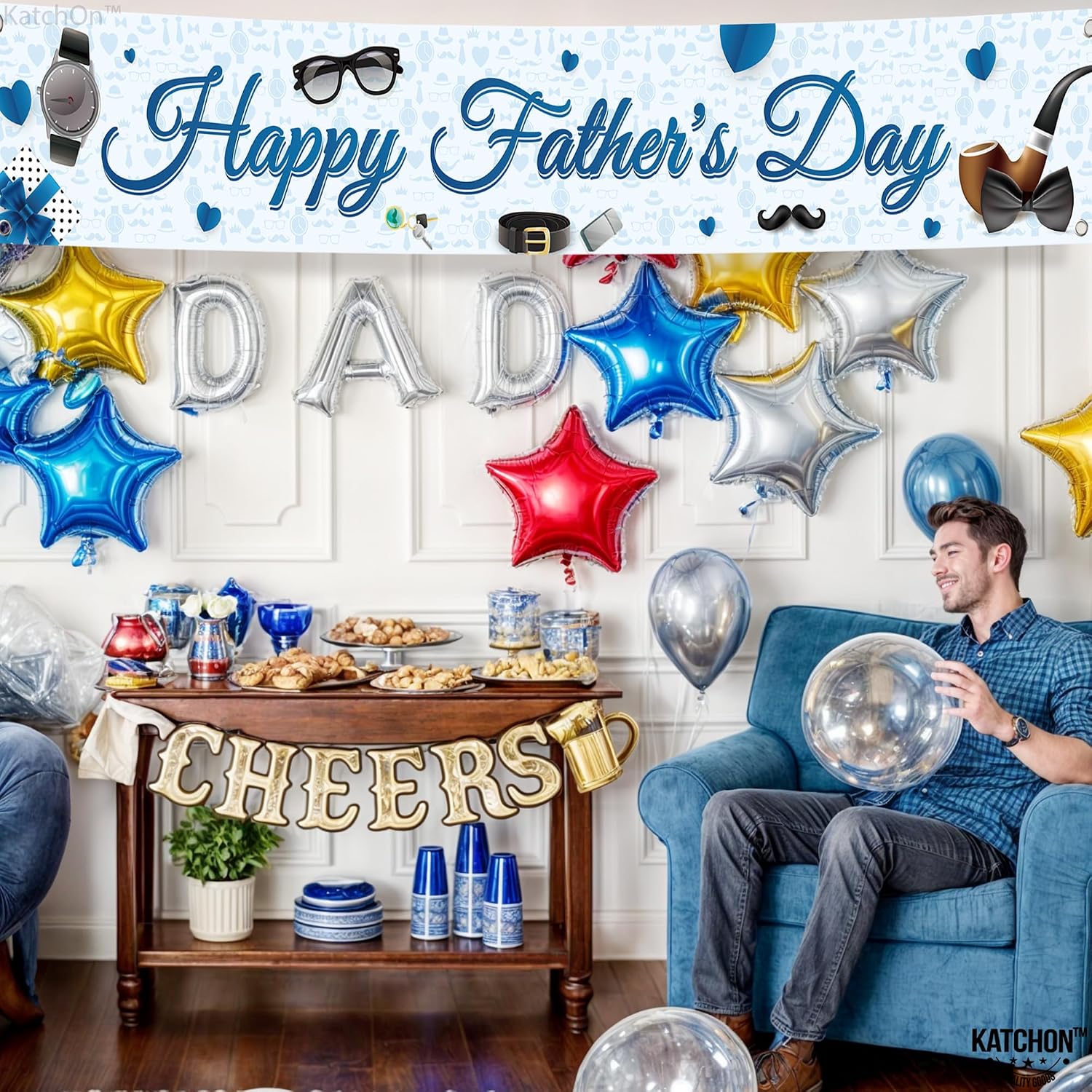 KatchOn, Happy Fathers Day Banner - XLarge, 120x20 Inch | Blue Happy fathers Day Yard Banner | Happy Fathers Day Decorations for Party | Happy Father's Day Backdrop for Father's Day Party Decorations