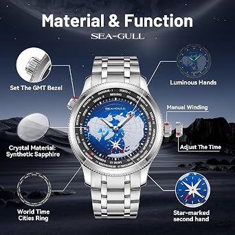 SEA-GULL Automatic Mechanical Men's Watch, 41mm GMT World Time with Sub Second Dial, 5ATM Waterproof Luminous Wristwatch, 6202