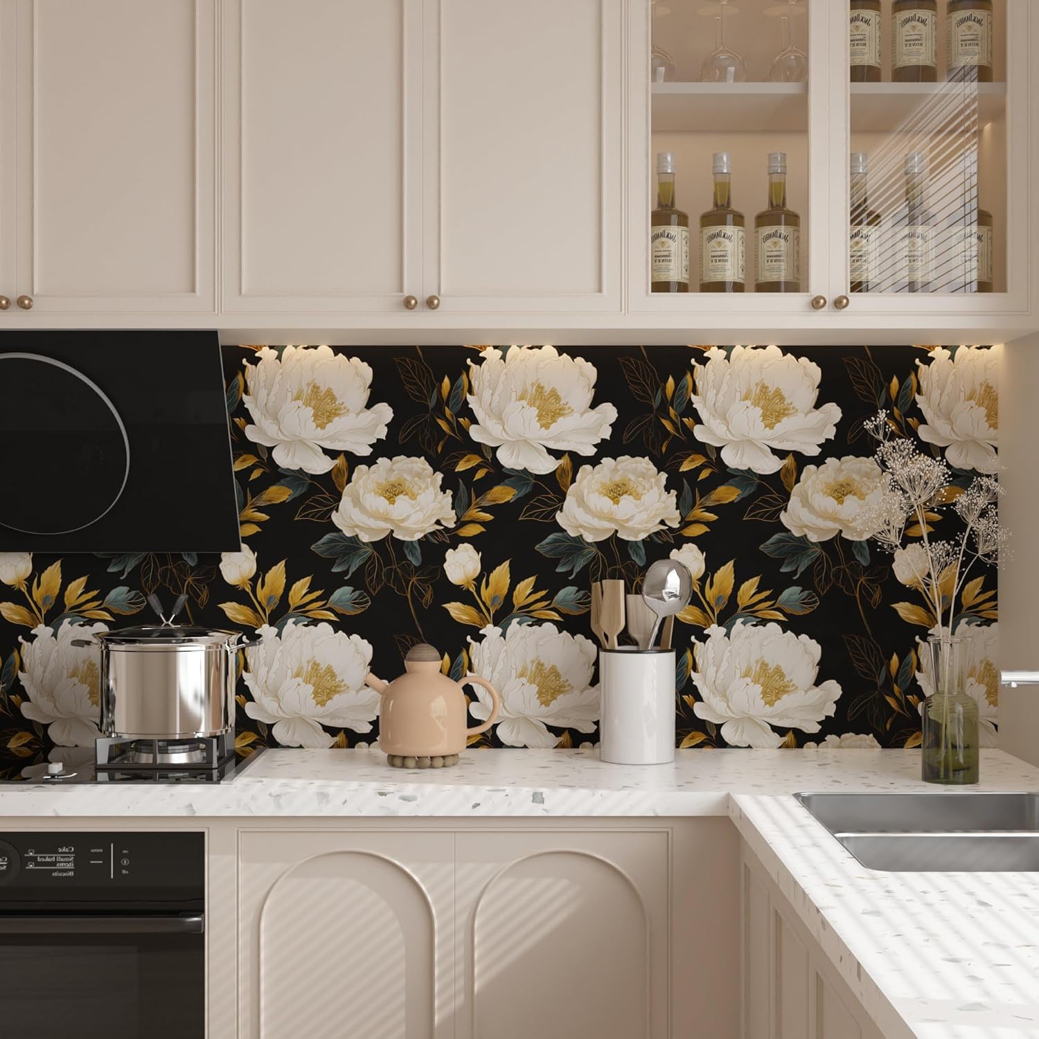 Extra Long Dark Floral Peel and Stick Wallpaper, 17.5In x 393In Vintage Big Peony Flower Waterproof Wallpaper for Room Cubicle Drawer, Vinyl Removable Contact Paper Wall Decor Black White