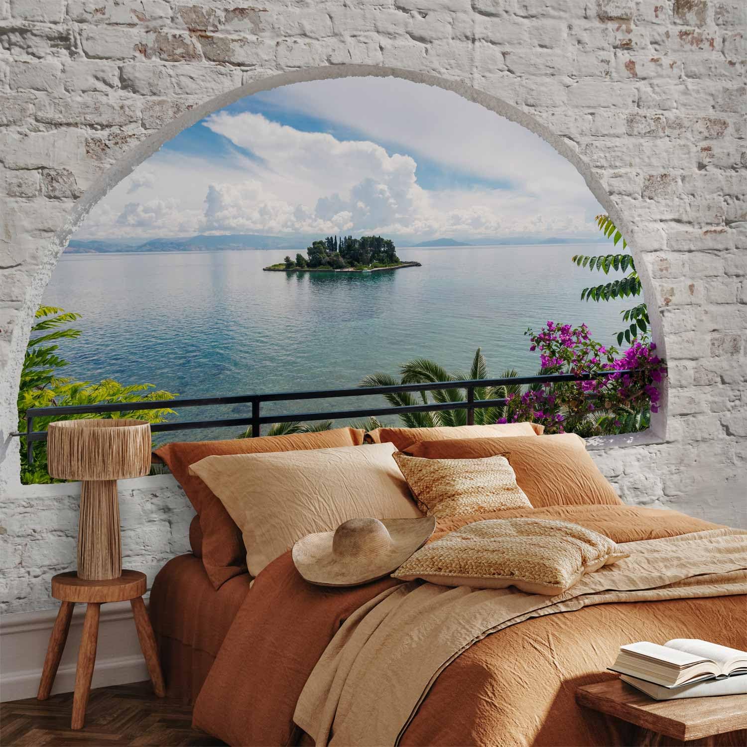 murando - Papier peint panoramique paysage 350x256 cm - Revêtement mural décoration pour chambre salon - Design unique et moderne - Violet vert gris - Paysage de plage en grèce c-A-0051-a-c