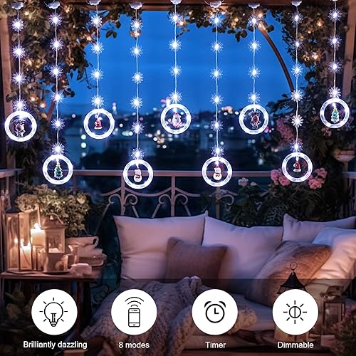 Miniatura 5 de BLOOMWIN Decoraciones navideñas iluminadas para ventana, 10 pies, 120 luces LED de cortina de Navidad con copo de nieve, adornos de carámbanos LED,