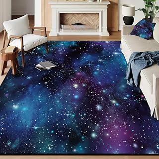 Galaxy Area Rug 6'x9' Starry Sky Rugs for Kids Girls Boys Outer Space Universe Carpet for Living Room Bedroom Nursery Kitchen Gaming Home Decor Blue and Purple Washable Floor Mat