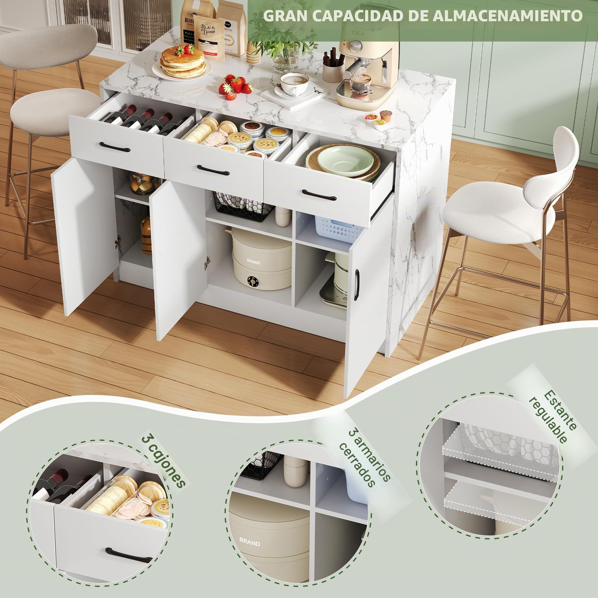 Isla de cocina 120x60x90,5cm, 3 cajones y 3 puertas, diseño de mármol blanco, estantes ajustables, cajones silenciosos, isla de cocina con superficie de trabajo, carro de cocina, diseño de área