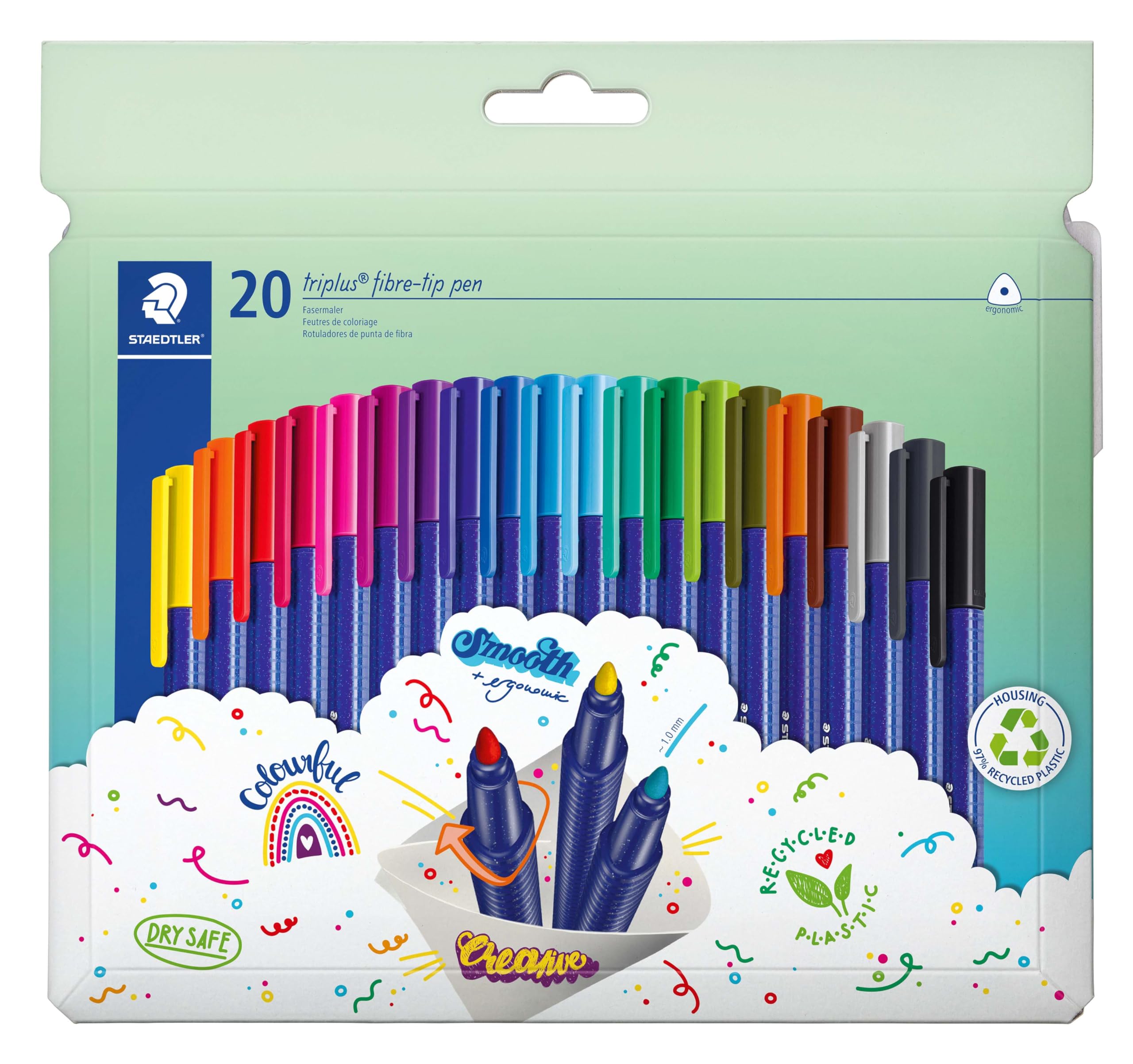 STAEDTLER Triplus Color 323 Felt Tip Pens 323, Triangular, Sturdy, Impression-proof Tip, Approx. 1 mm, Made of 97% Recyclate, Made in Germany, Set of 20 Brilliant Fibre Tip Pens in Cardboard Case, 323
