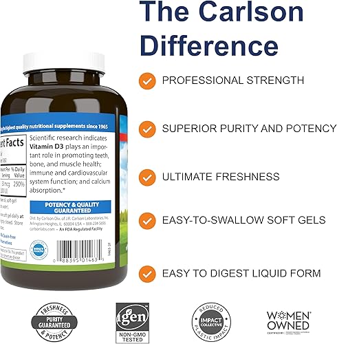 Vista 2 de Carlson - Vitamina D3, 2000 UI (50 mcg), salud ósea e inmunológica, suplementos de vitamina D, suplemento de colecalciferol, cápsulas de vitamina D