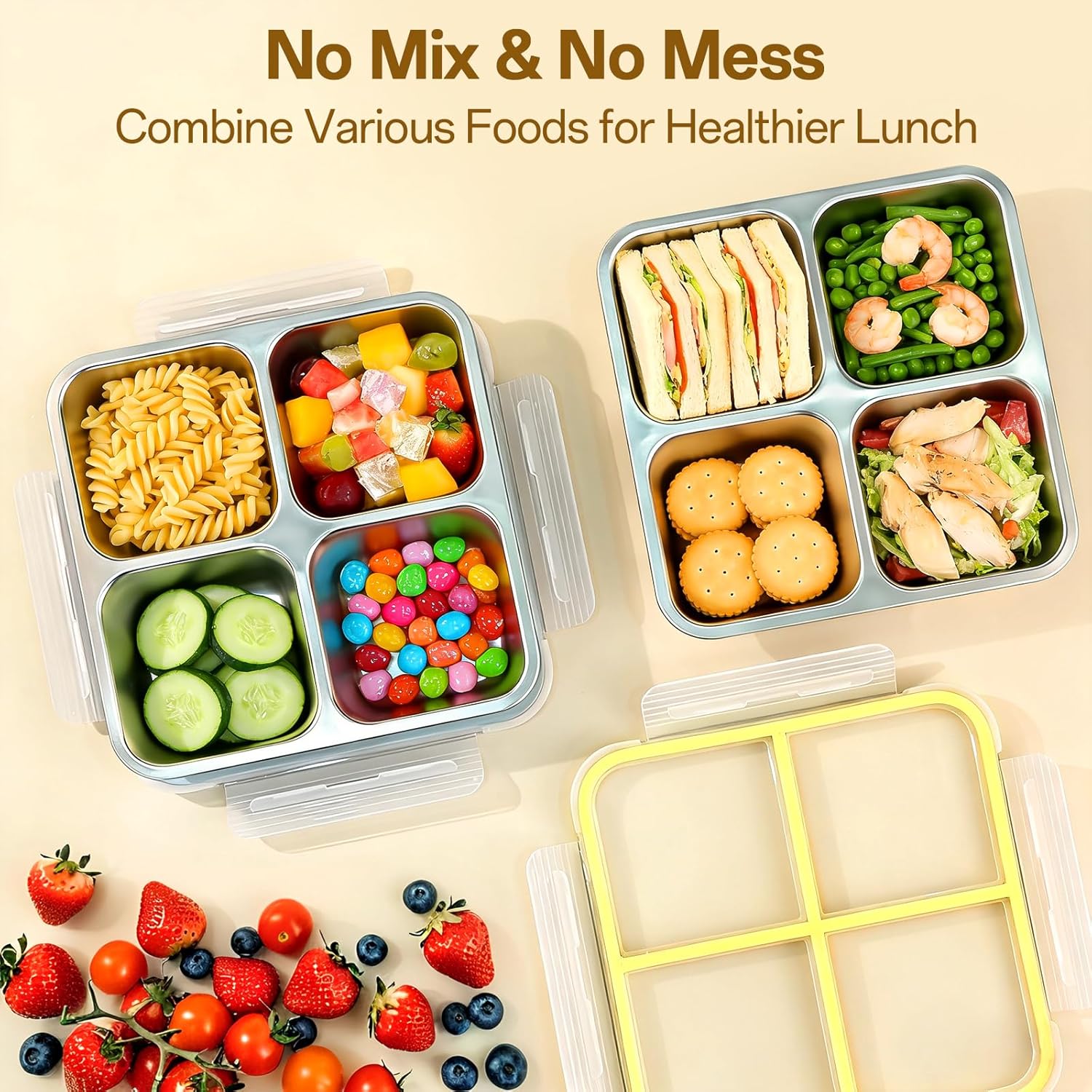Stainless Steel Snack Containers, 4 Compartment Metal Bento Box with Lids Airtight, Reusable Snackle Boxes Meal Prep Lunch Container Leakproof Food Storage for Travel, Picnics, Work - Image 4