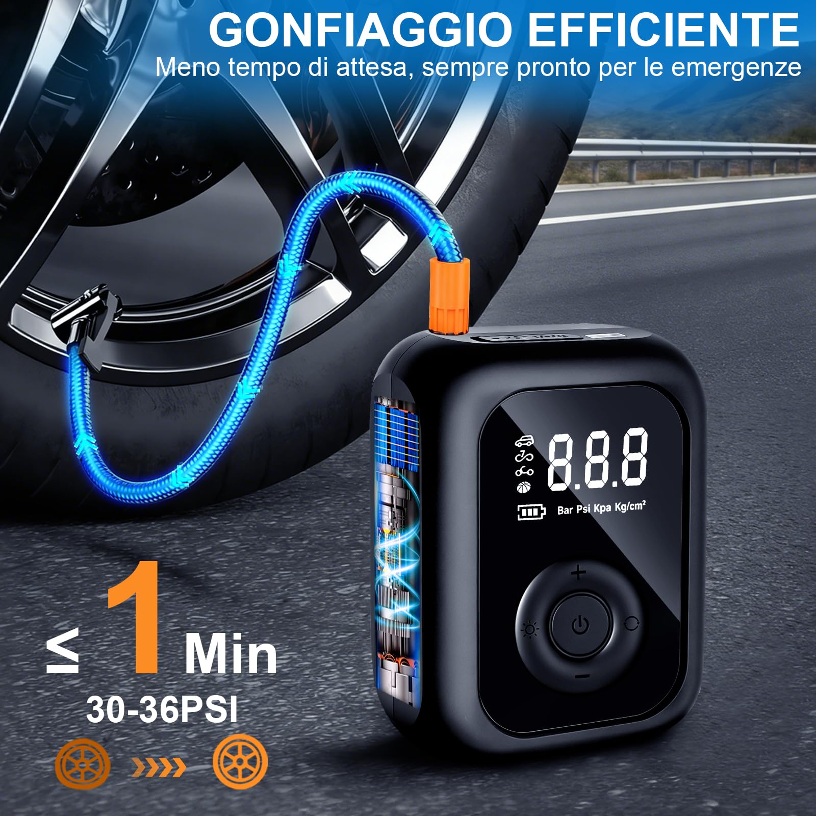 Compressore Aria Portatile,150PSI Pompa Elettrica per Bicicletta, Mini Compressore Bici con Schermo LED Digitale e Illuminazione LED,Gonfiatore Elettrico Portatile per Bici, Auto e Moto