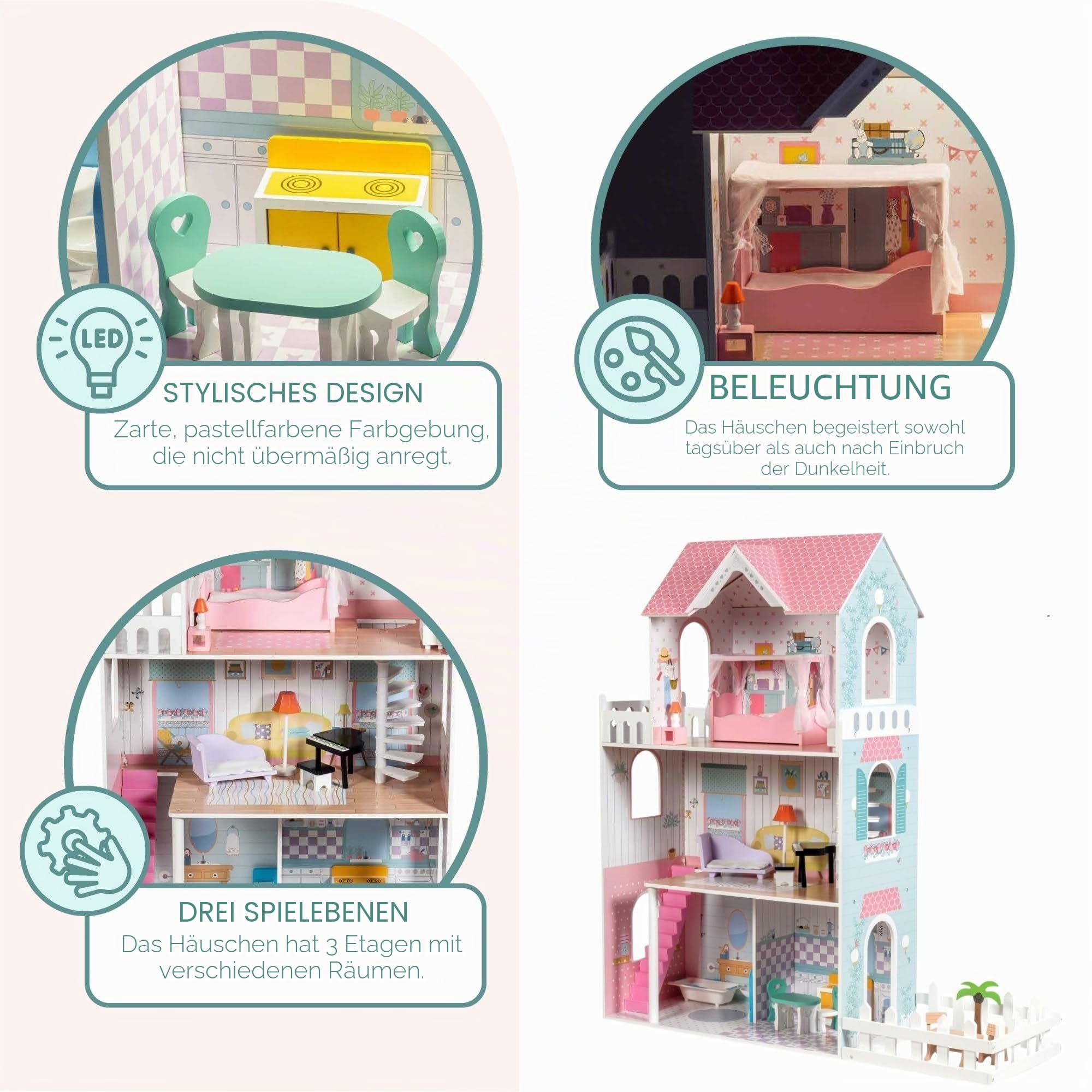 mamabrum Puppenhaus Holz XXL 123 cm mit LED – Großes Puppenhaus ab 3 Jahre mit Möbel & Garten – Doll House mit Licht & Zubehör – Kreatives Spielhaus für Mädchen
