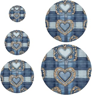 Fundas elásticas reutilizables para cuencos de almacenamiento de alimentos, 5 unidades, con diseño de corazones azules, a cuadros, color marrón, con detalles de encaje marrón