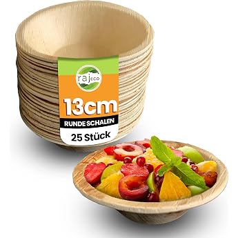 Raj Disposable Palm Leaf Bowls Pack of 25 13 cm Round Environmentally Friendly Sturdy compostable party bowls decorative tableware for birthday BBQ picnic wedding camping & outdoor
