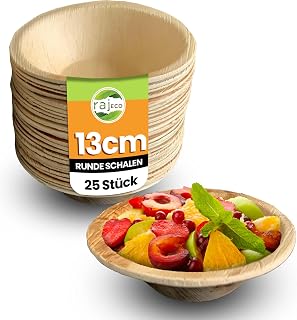 Raj Einweg Palmblatt Schalen 25 Stück 13 cm Runde Schalen - Stabile Kompostierbare Partyschalen, Dekoratives Geschirr für Geburtstag, BBQ, Picknick, Hochzeit, Camping & Outdoor