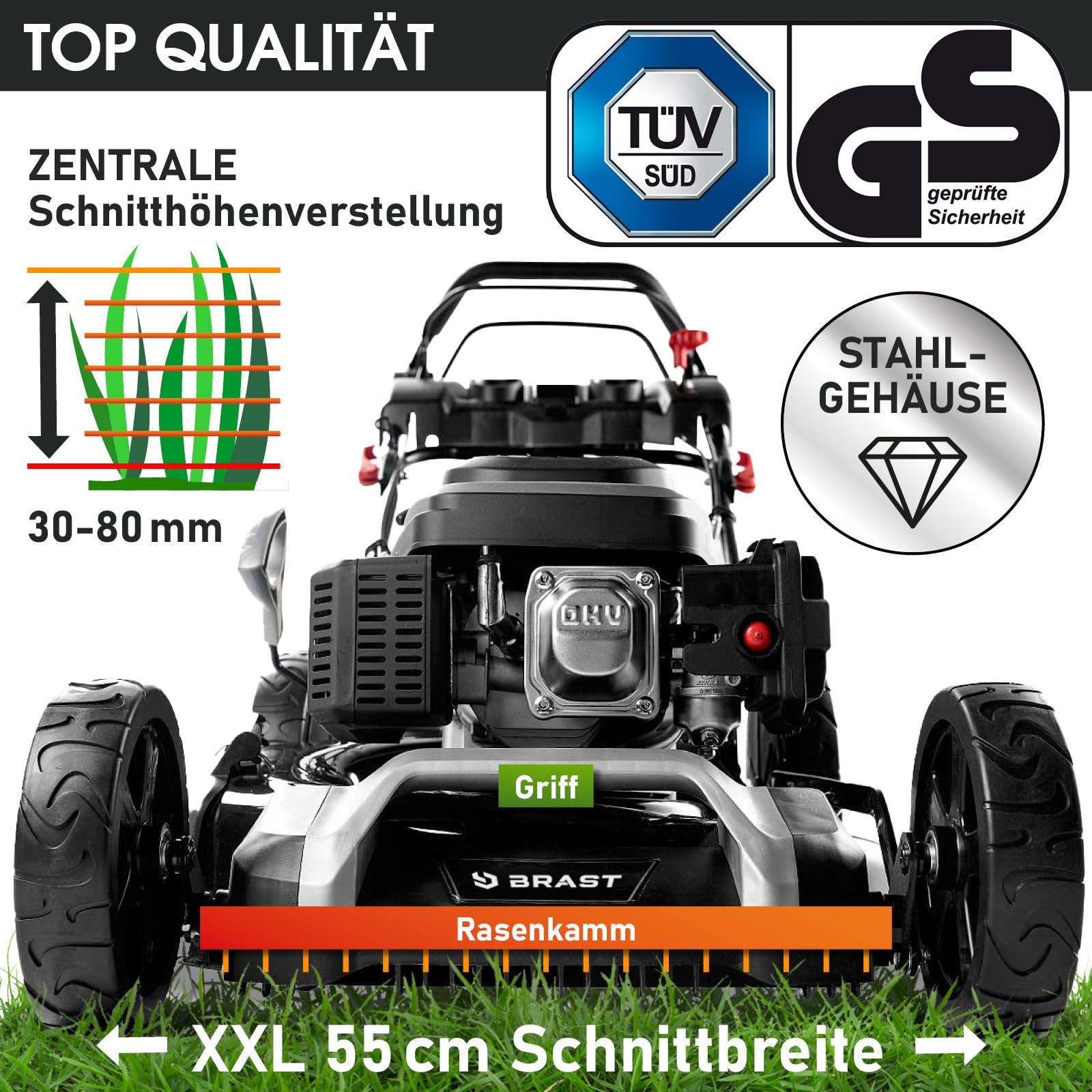BRAST Benzin Rasenmäher mit Antrieb | 5,2kW (7PS) | 55cm Schnittbreite | viele Modelle | TÜV | 30-80mm Schnitthöhe | 60L Fangkorb | 4 Takt OHV Motor | Stahlgehäuse