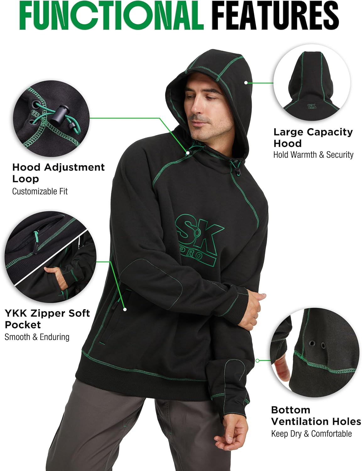 SKPRO Men's Hoodie Black Oversized Sweatshirts, Fleece Lined Hoodies Pullover, Loose Fit Work Hooded with Zip Pockets - Image 6