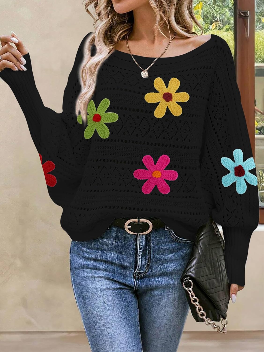 Cakulo Womens Off Shoulder Sweater Top Fall Outfits Fashion 2025 Oversized Knit Batwing Long Sleeve Crochet Flower Sweaters - Image 5