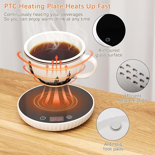 Miniatura 5 de Calentador de taza de café para escritorio, calentador de café eléctrico con apagado automático, 2 ajustes de temperatura, calentador inteligente de