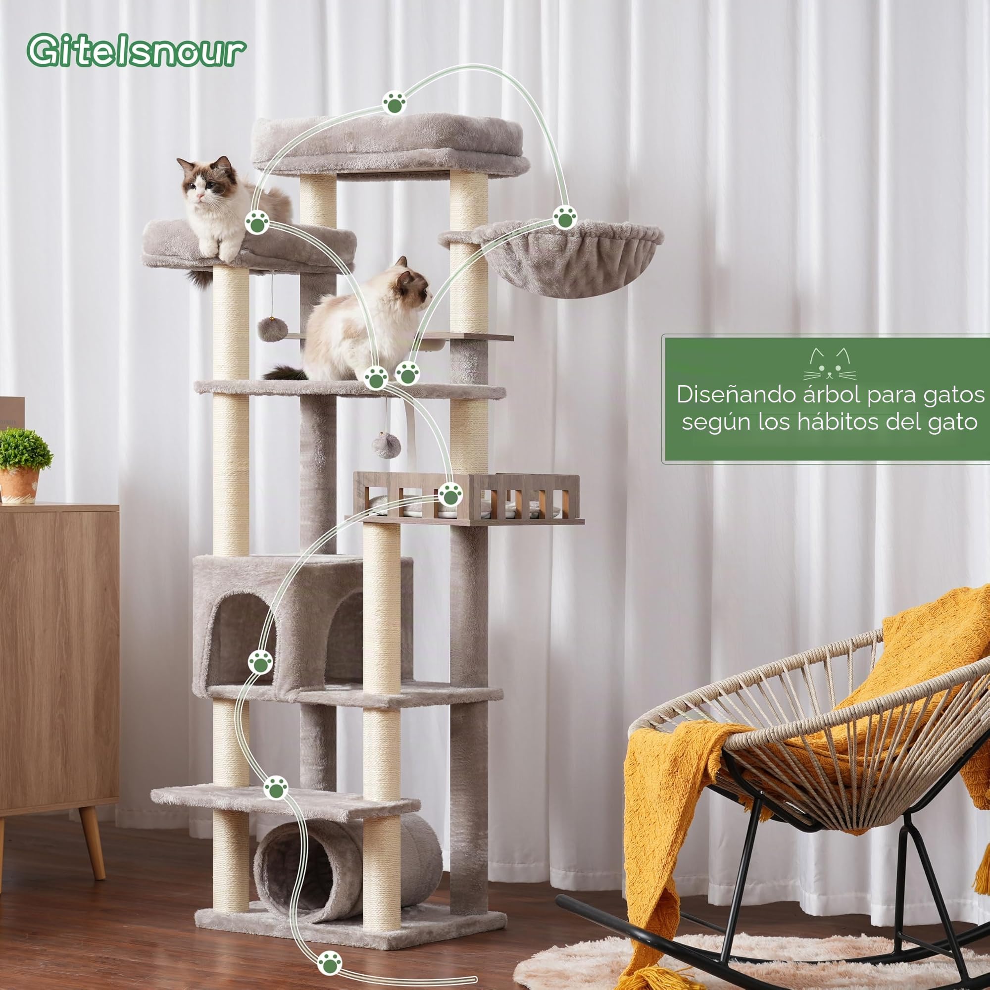 Gitelsnour Árbol para Gatos de 167 cm con estación de alimentación y Plataforma de Madera, con túnel y caseta para Gatos, 11 rascadores de sisal, Plataforma Superior, Gris Claro GCT021W