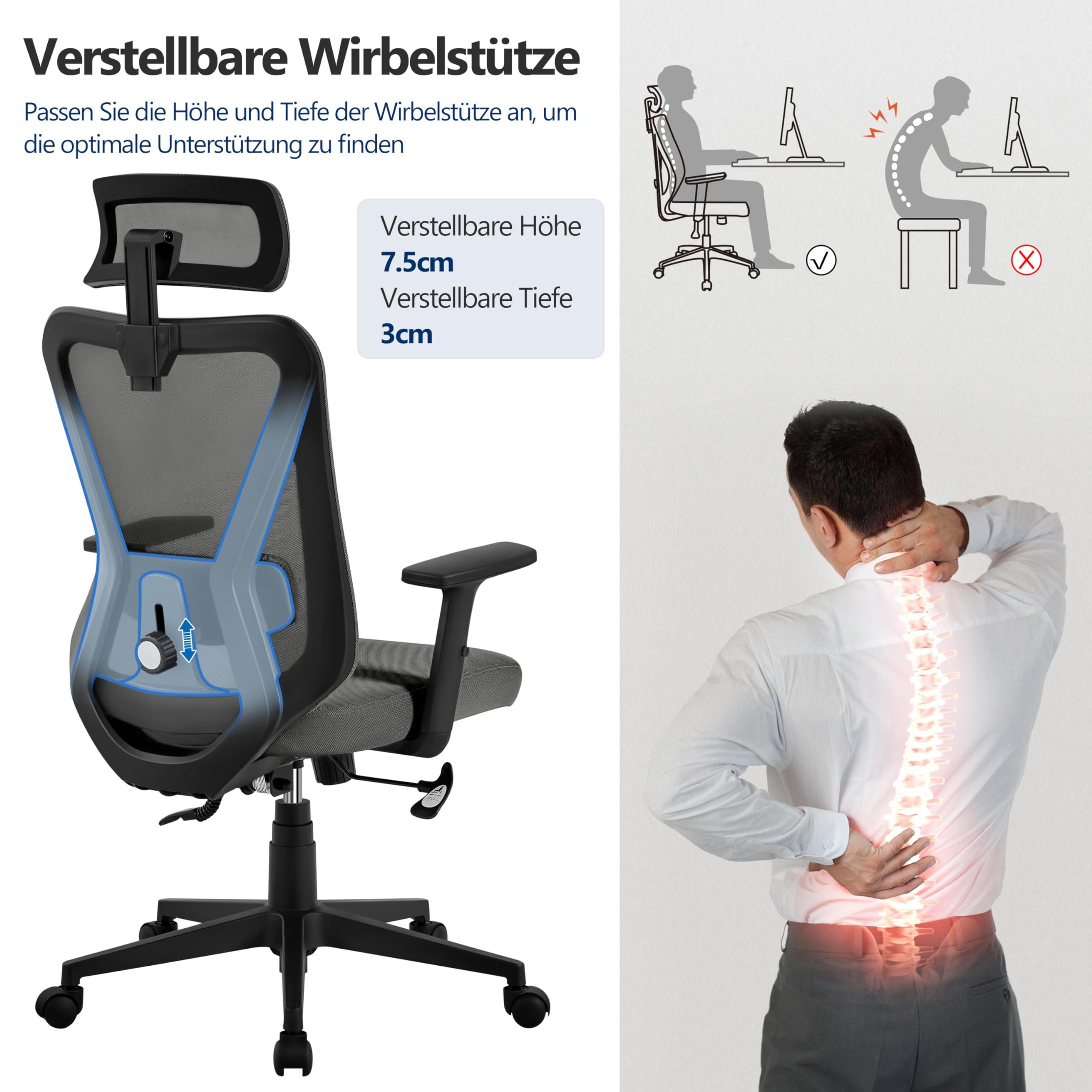 Yaheetech Bürostuhl Ergonomisch mit atmungsaktivem Netzrücken Schwarz | Höhenverstellbarer Schreibtischstuhl Verstellbare Armlehnen Kopfstütze und Lendenstütze Wippfunktion bis 130°