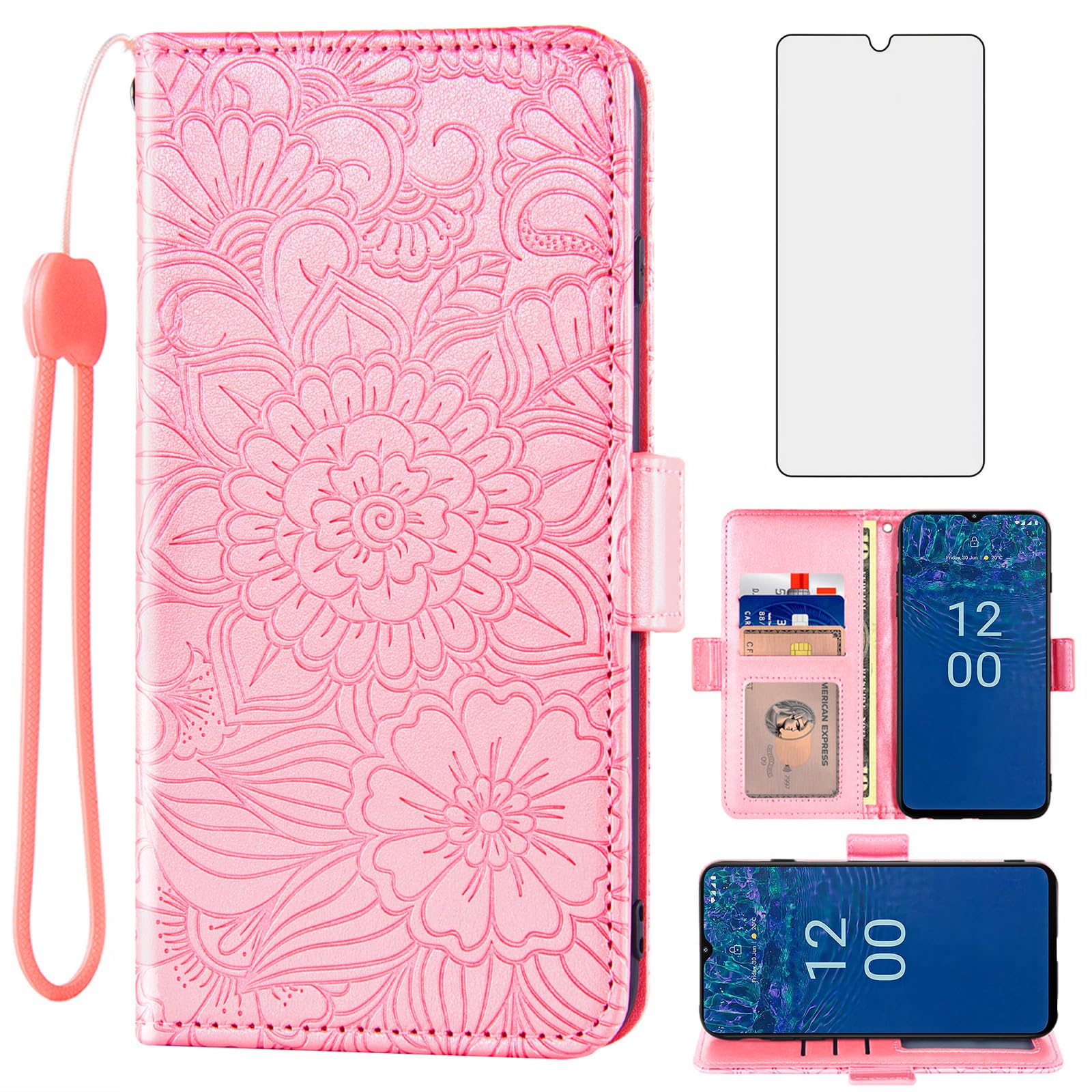 Asuwish Phone Case For Nokia G42 5G / Nokia G310 5G (6.56") Zipper Wallet Detachable Cell Cover With Screen Protector Crossbody Lanyard Strap Flip Card Holder Slot NokiaG42 NokiaG310 Rose Gold