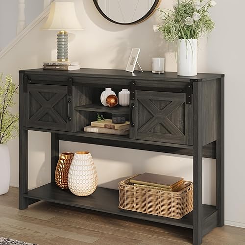 RoyalCraft Mesa de entrada de granja con almacenamiento, mesa de consola de 46 pulgadas con puerta corrediza de granero, mesa de sofá rústica de