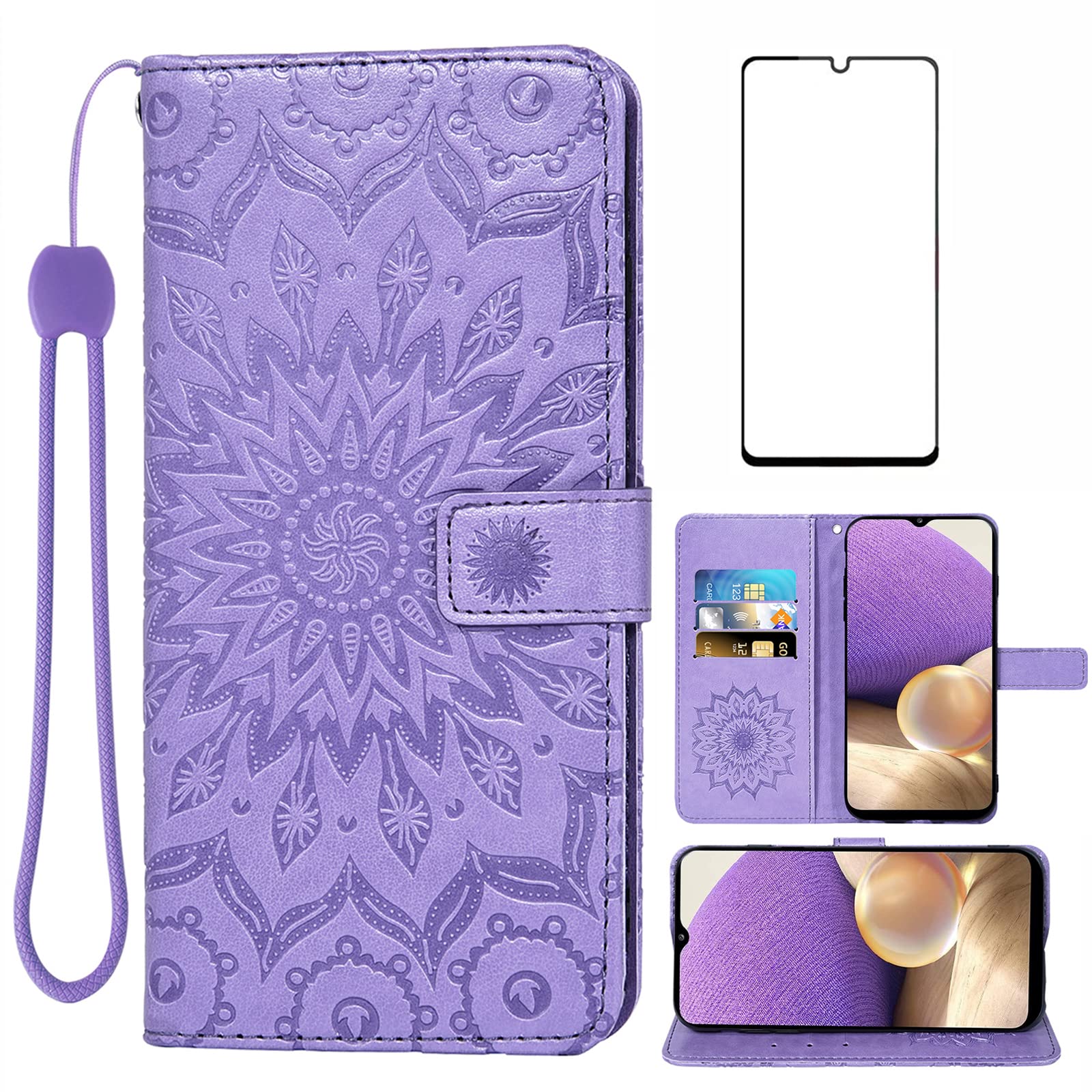 Phone Case for Samsung Galaxy A32 5G 6.5 inch Wallet with Tempered Glass Screen Protector and Leather Slim Flip Cover Card Holder Stand Cell Accessories Glaxay A 32 32A S32 G5 A326U Women Girl Purple