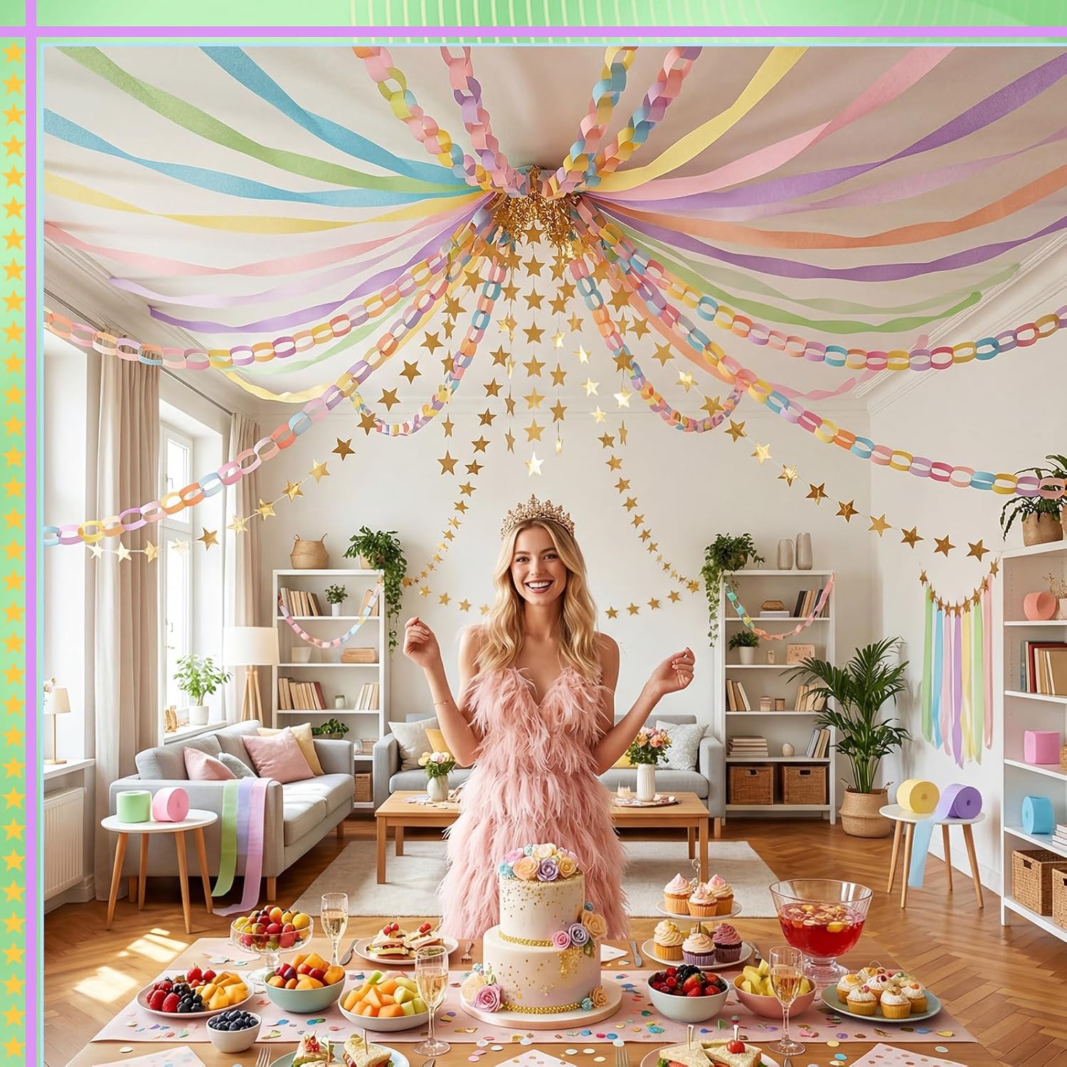 Frienda 300 Sheets Colorful Paper Chains Strips and 492 ft Crepe Paper Streamers, 52.8ft Gold Star Garlands Backdrop for Wedding Birthday Party Decorations DIY Crafts(Pastel,Colorful)