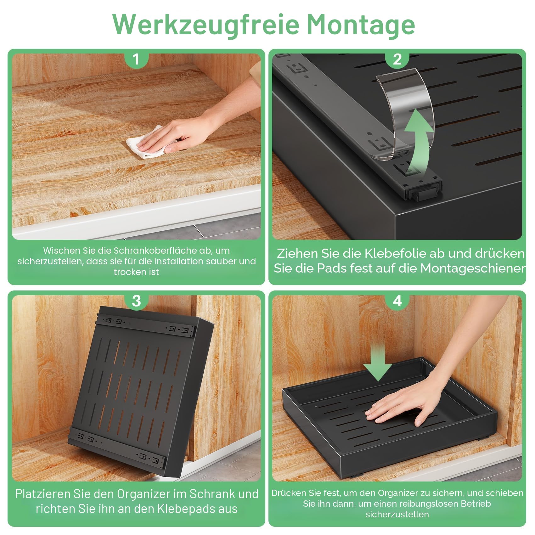 SAYZH Teleskopschublade, Ausziehbare Schubladen-Aufbewahrungsregale, (43Tiefe x 40Breite x 9Höhe cm) Ausziehbare Ausziehbare Schublade für Küchenschränke, Kein Bohren und Nageln Erforderlich